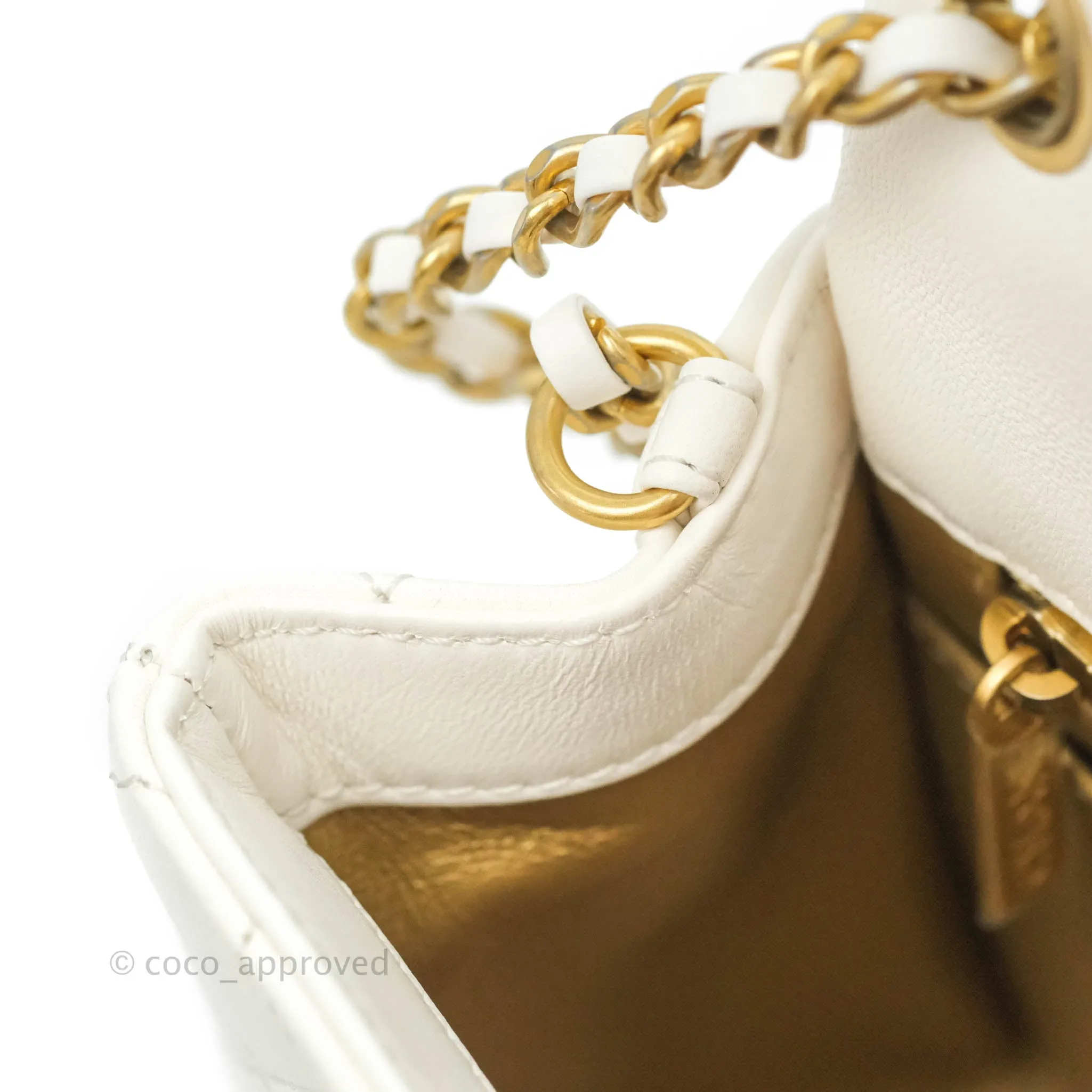 Chanel Mini Square Pearl Crush Quilted White Lambskin Gold Hardware