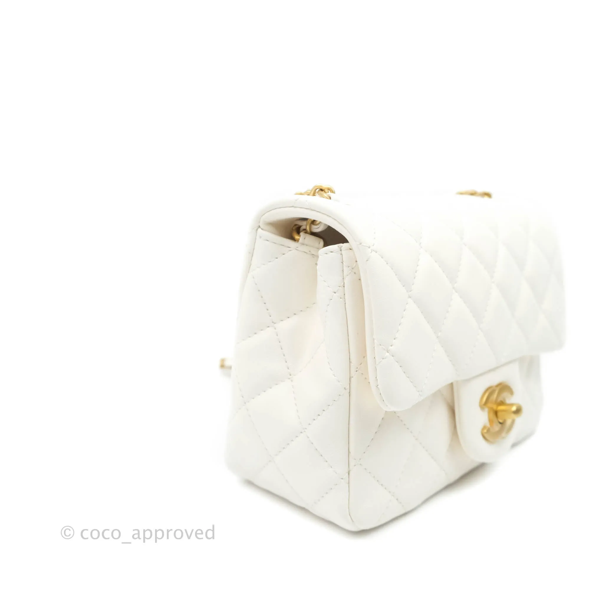 Chanel Mini Square Pearl Crush Quilted White Lambskin Gold Hardware