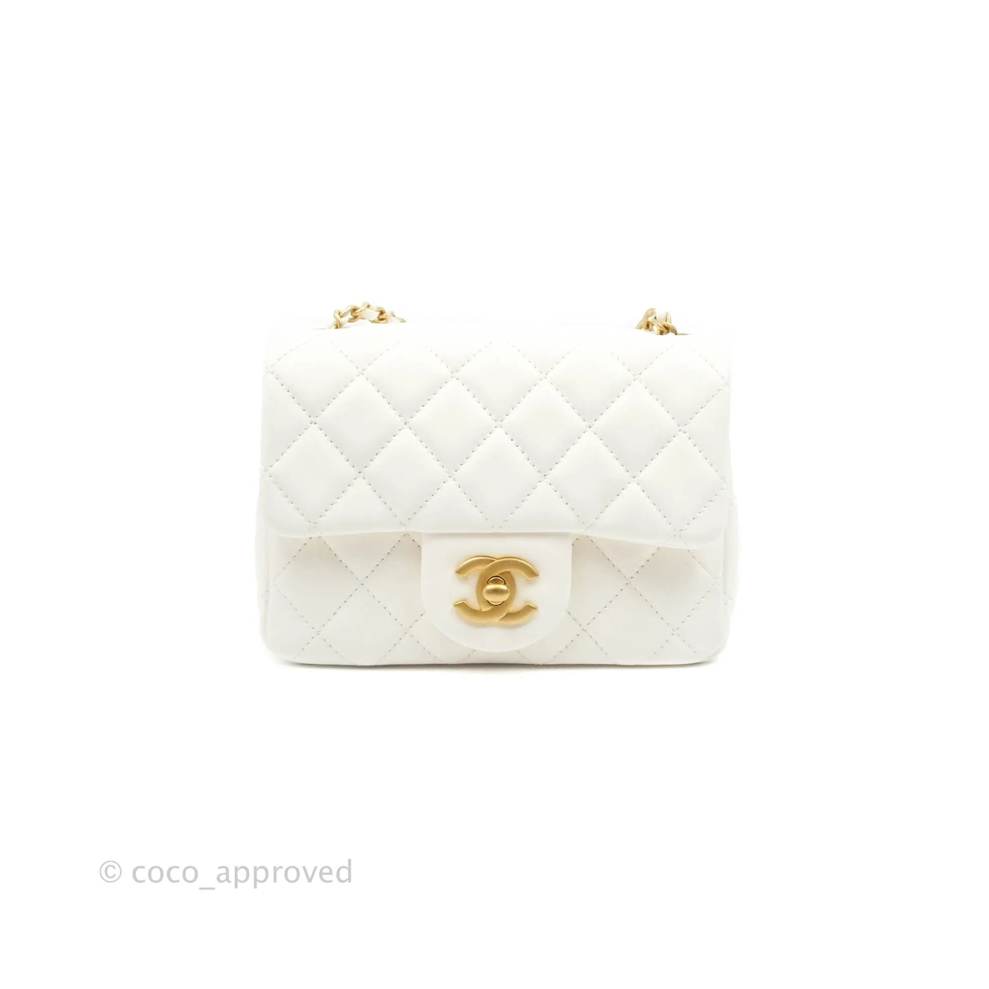 Chanel Mini Square Pearl Crush Quilted White Lambskin Gold Hardware