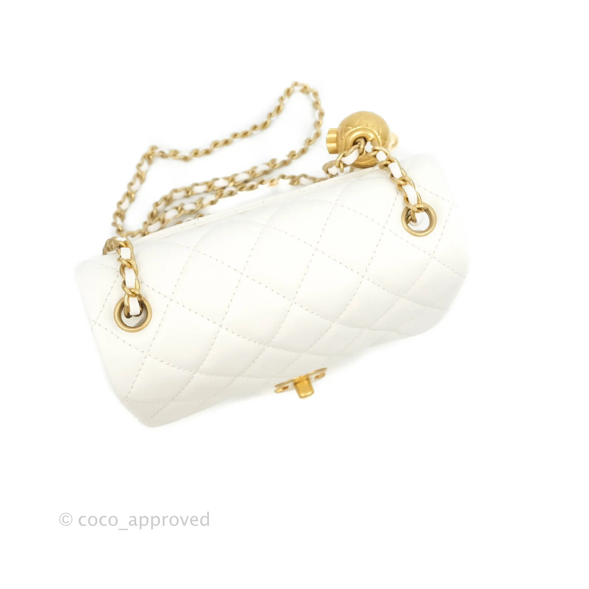 Chanel Mini Square Pearl Crush Quilted White Lambskin Gold Hardware