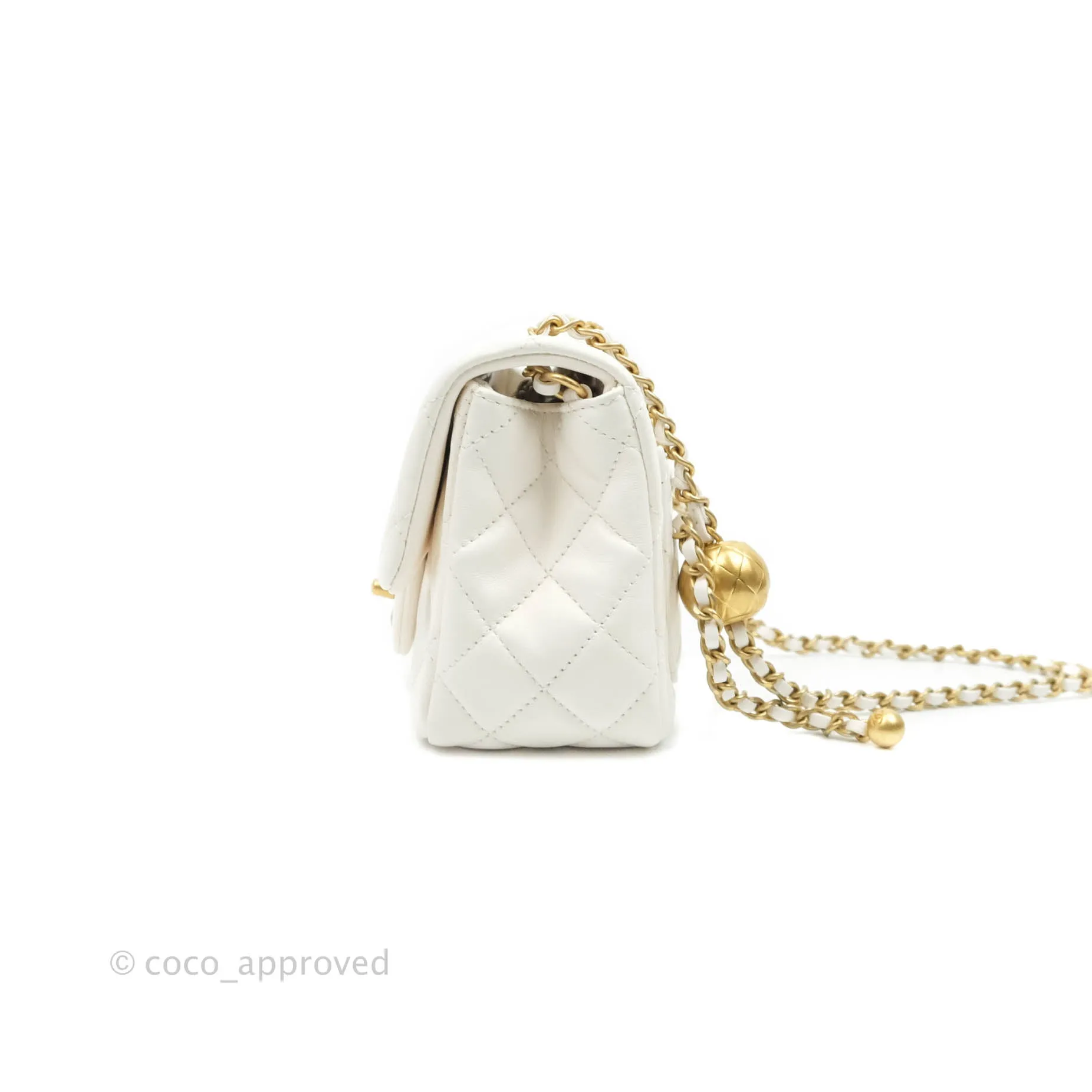 Chanel Mini Square Pearl Crush Quilted White Lambskin Gold Hardware