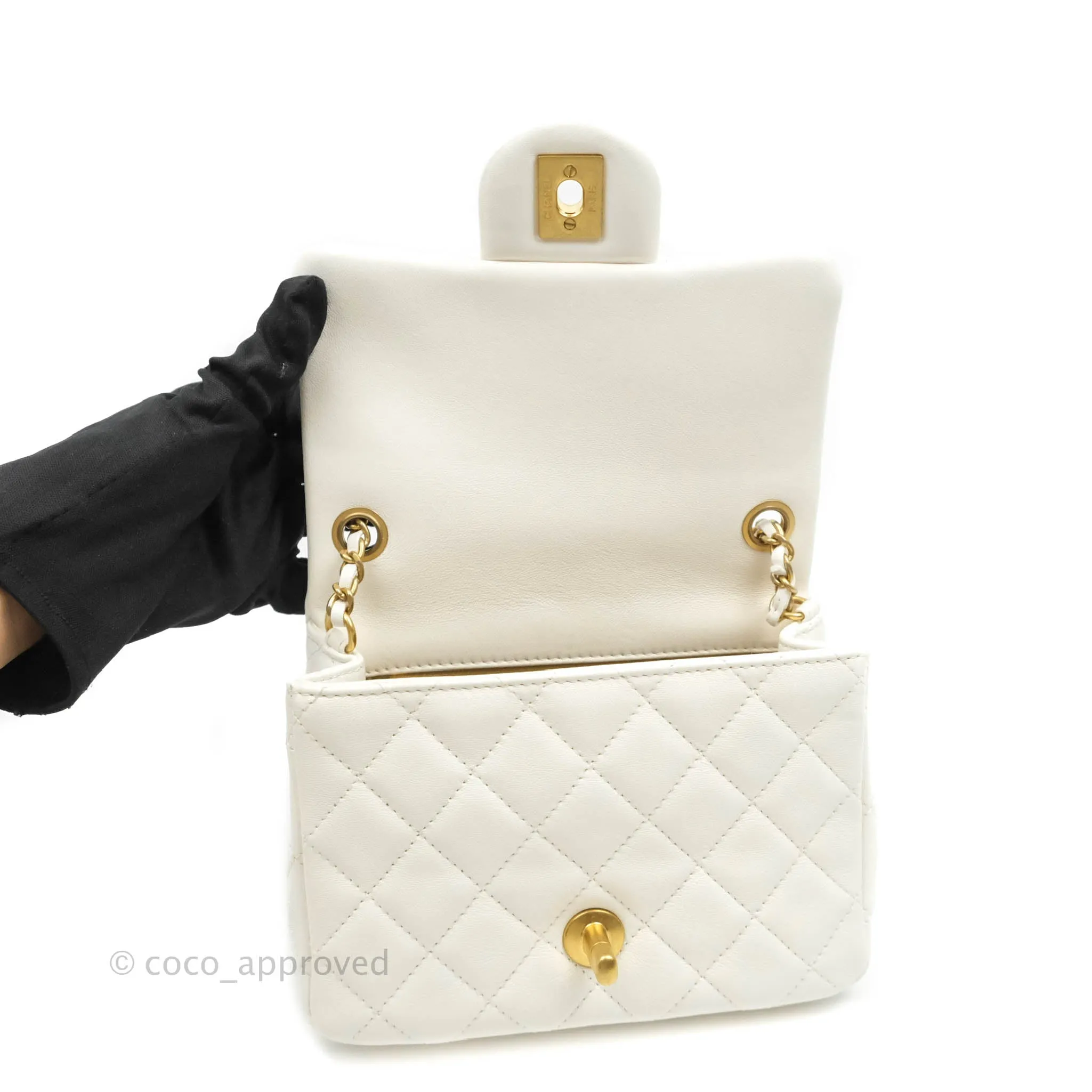 Chanel Mini Square Pearl Crush Quilted White Lambskin Gold Hardware