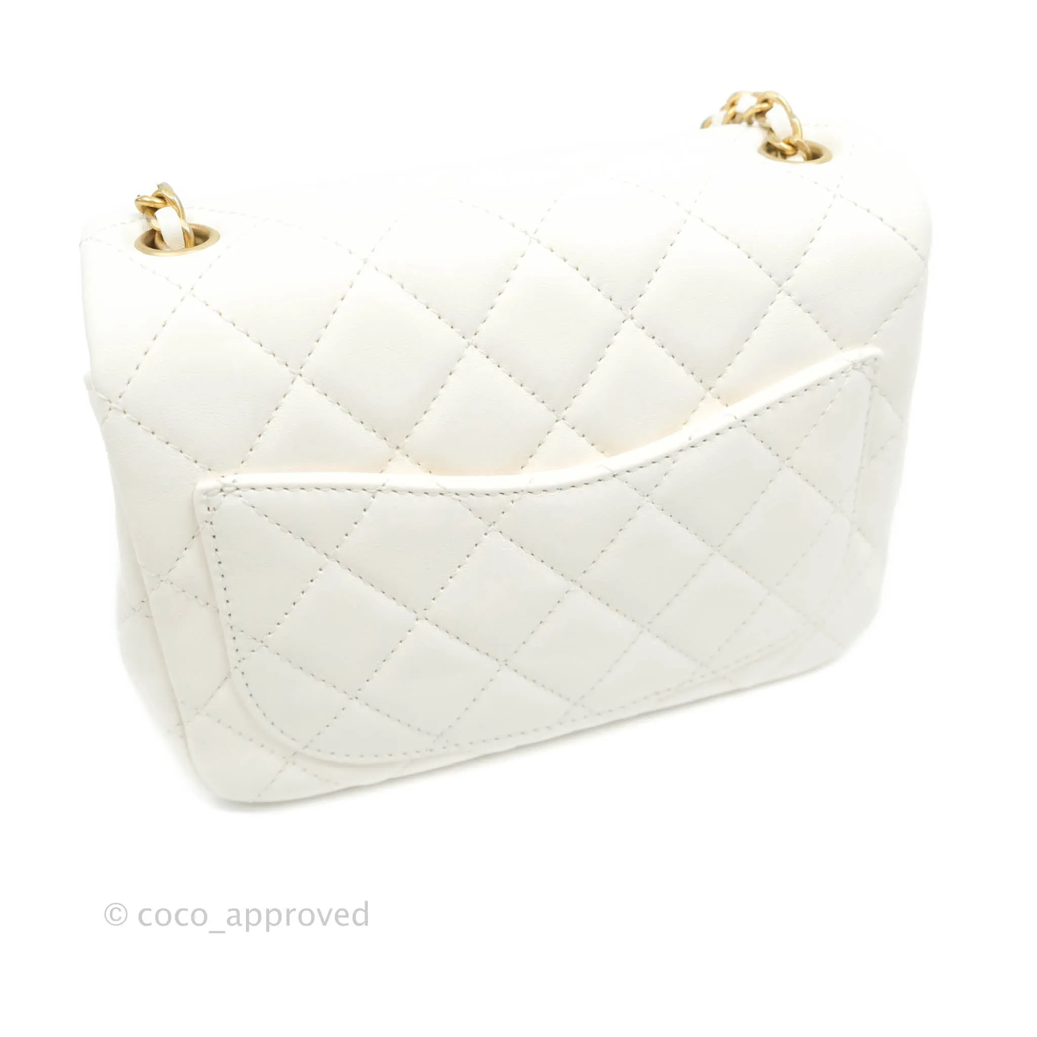 Chanel Mini Square Pearl Crush Quilted White Lambskin Gold Hardware