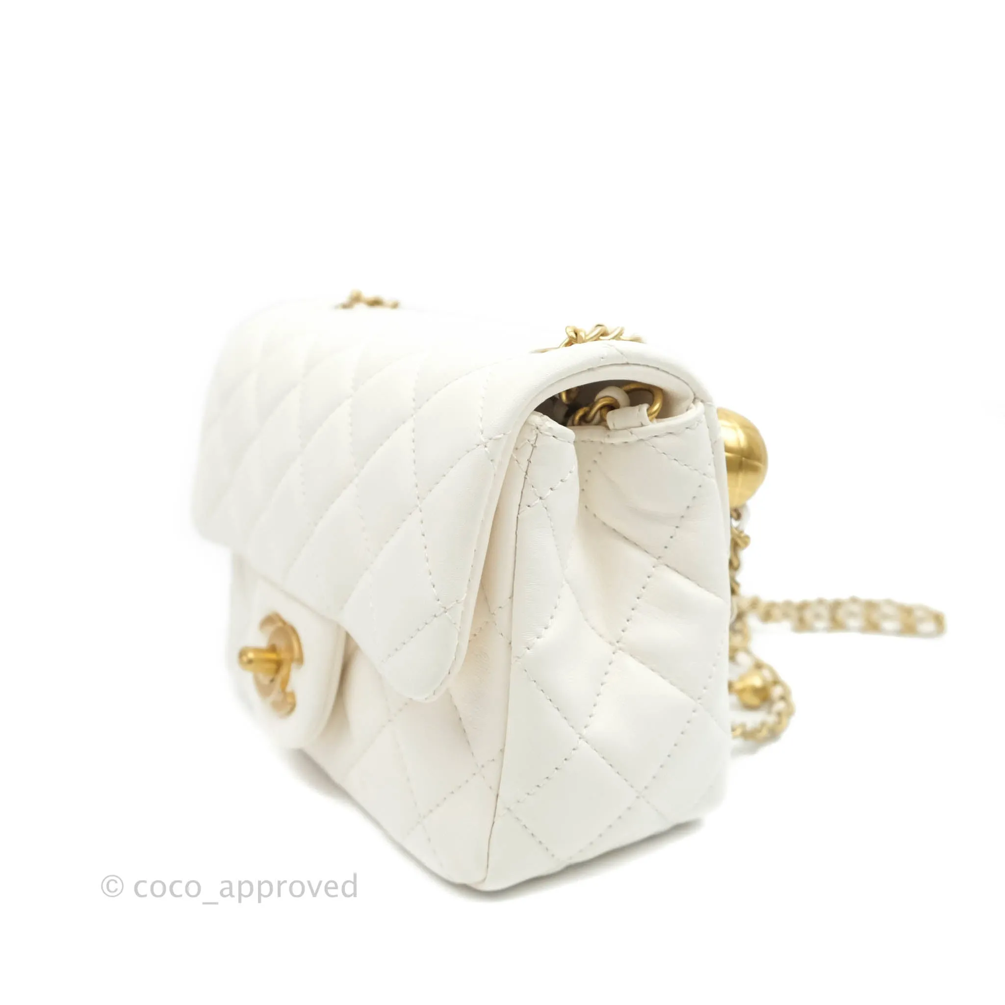 Chanel Mini Square Pearl Crush Quilted White Lambskin Gold Hardware