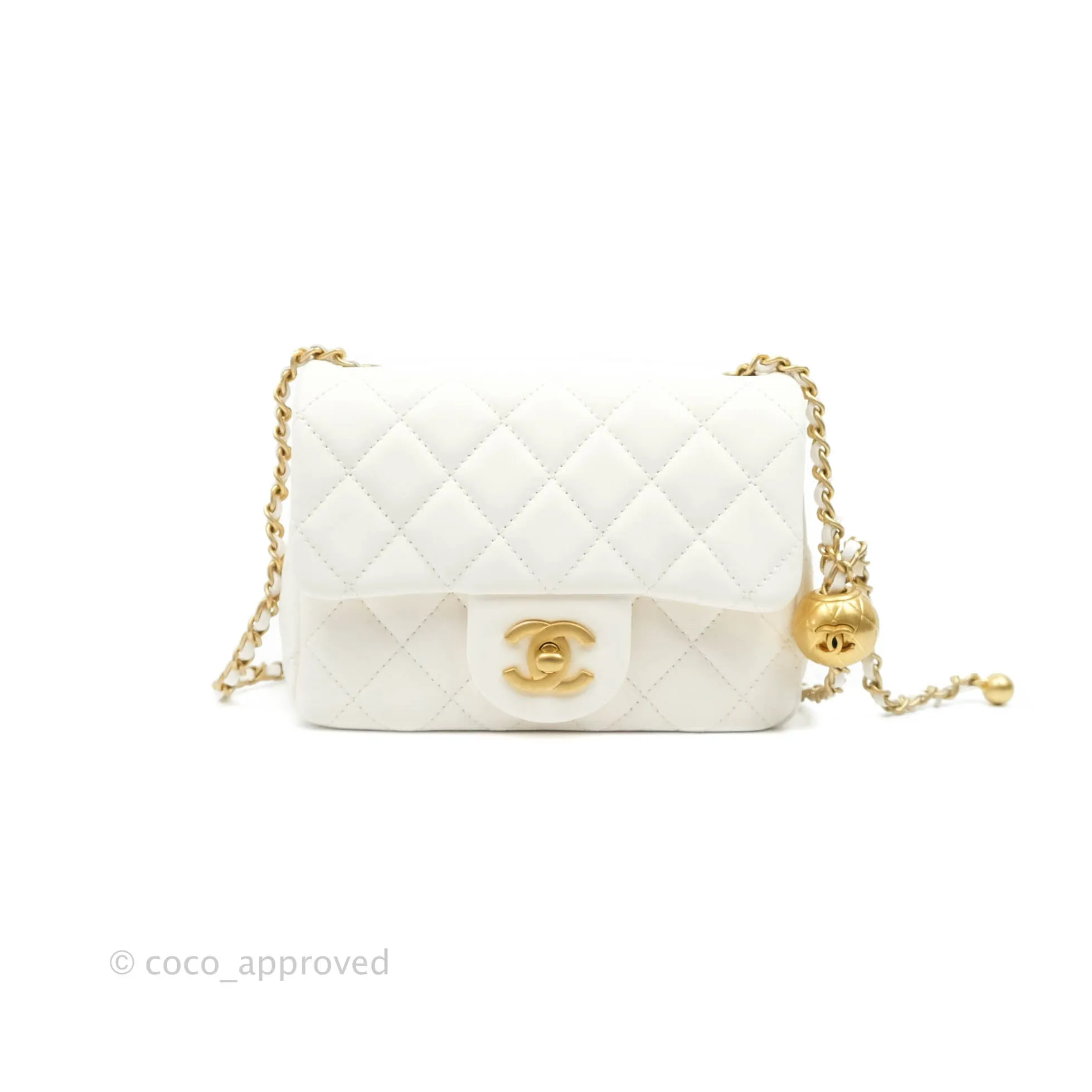 Chanel Mini Square Pearl Crush Quilted White Lambskin Gold Hardware
