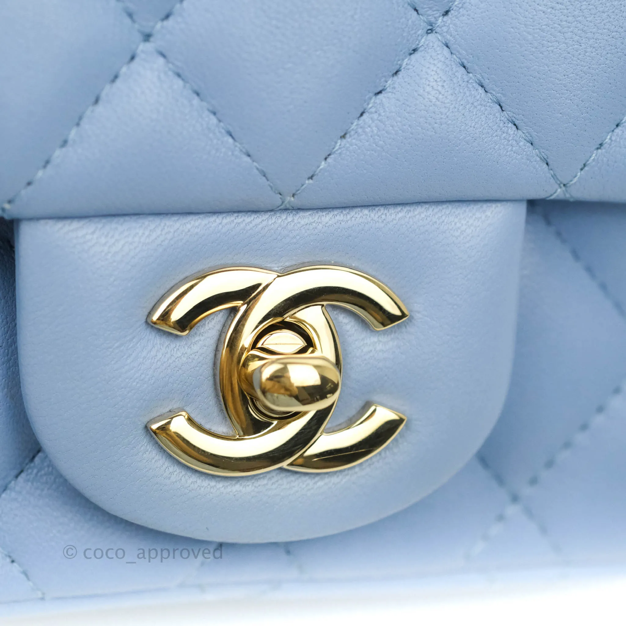 Chanel Mini Square Quilted Sky Blue Lambskin Gold Hardware 21C