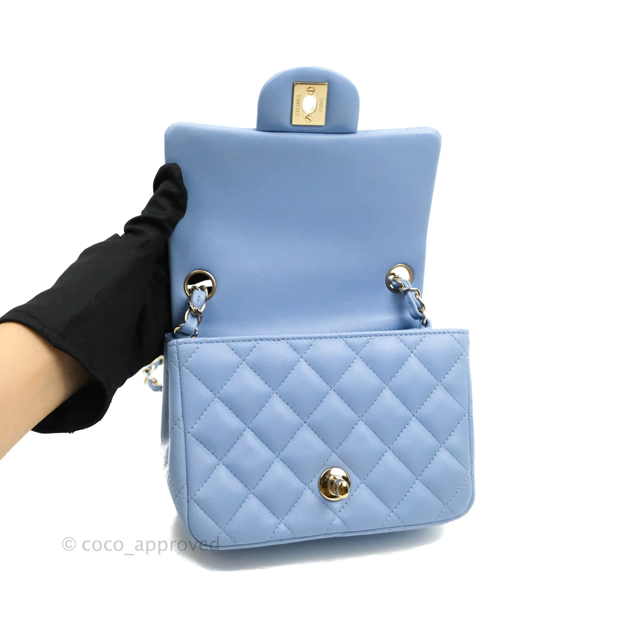 Chanel Mini Square Quilted Sky Blue Lambskin Gold Hardware 21C