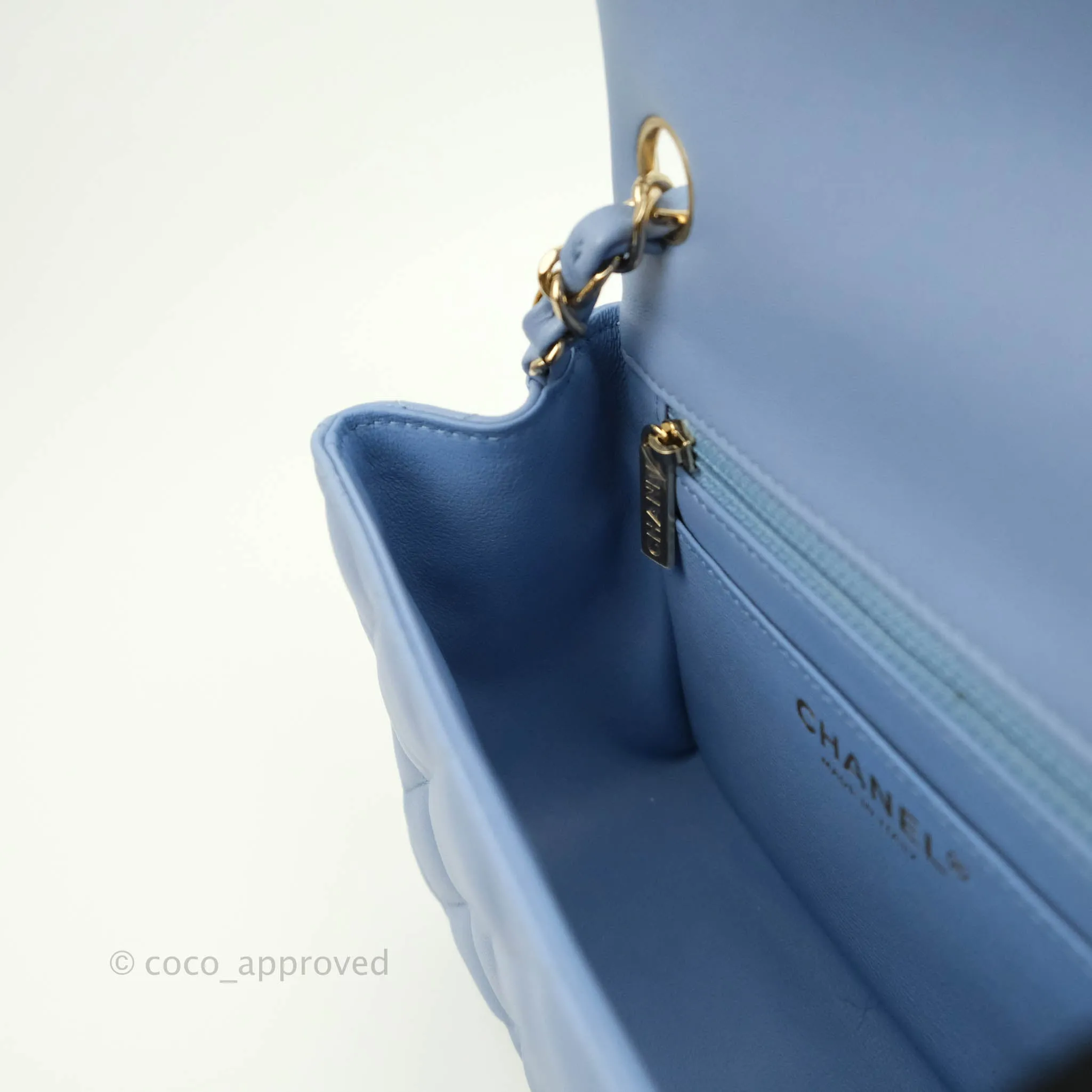 Chanel Mini Square Quilted Sky Blue Lambskin Gold Hardware 21C