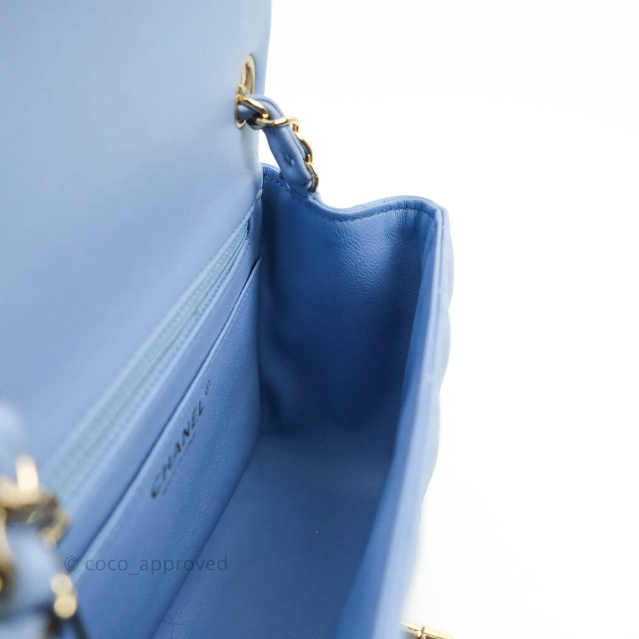 Chanel Mini Square Quilted Sky Blue Lambskin Gold Hardware 21C