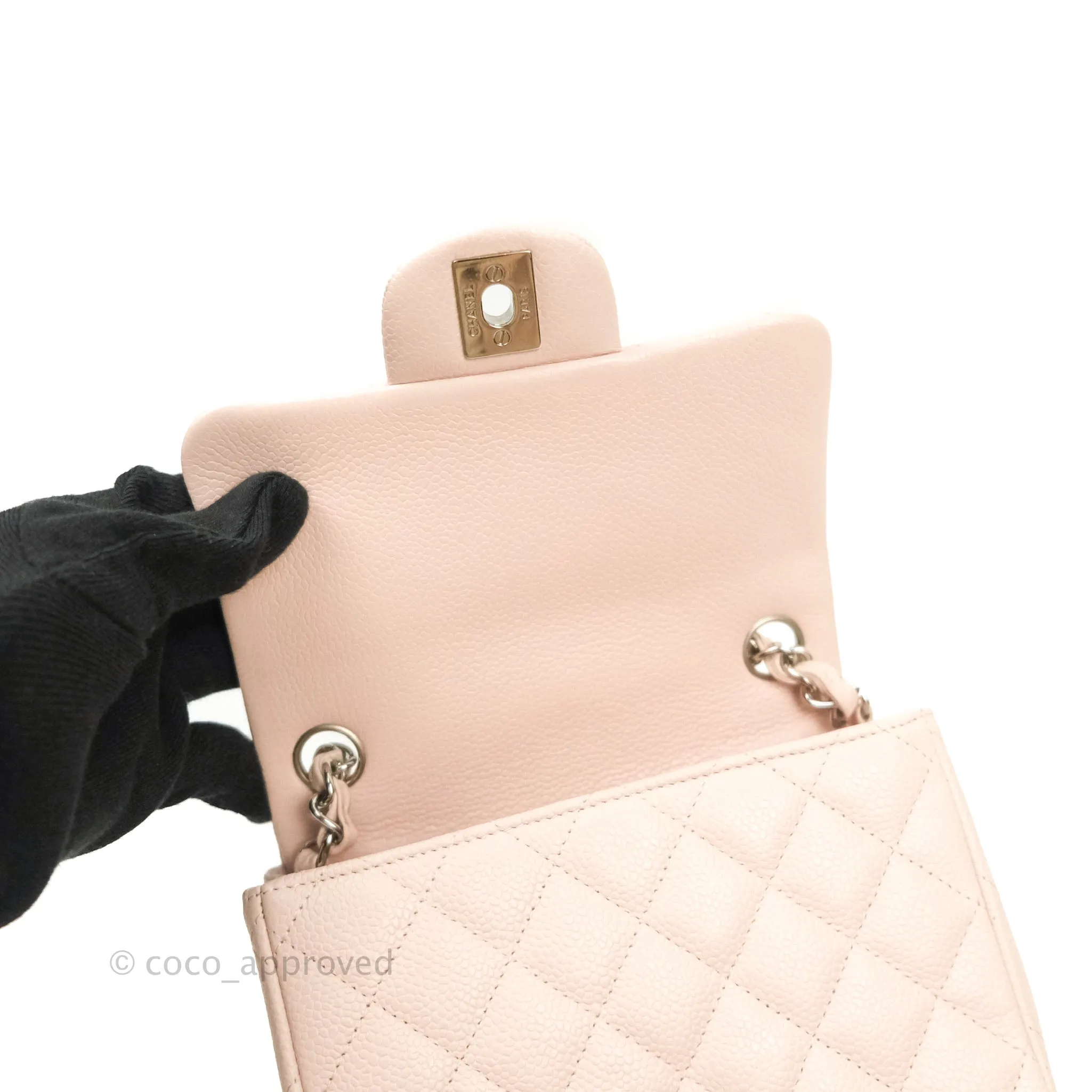 Chanel Mini Square Sakura Pink Caviar Silver Hardware