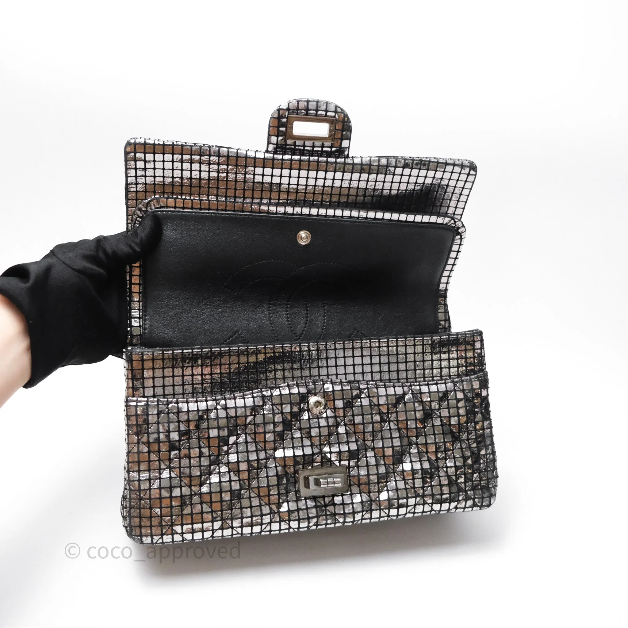 Chanel Mirror Reissue 2.55 Quilted Silver Suede Calfskin Gun Metal Hardware
