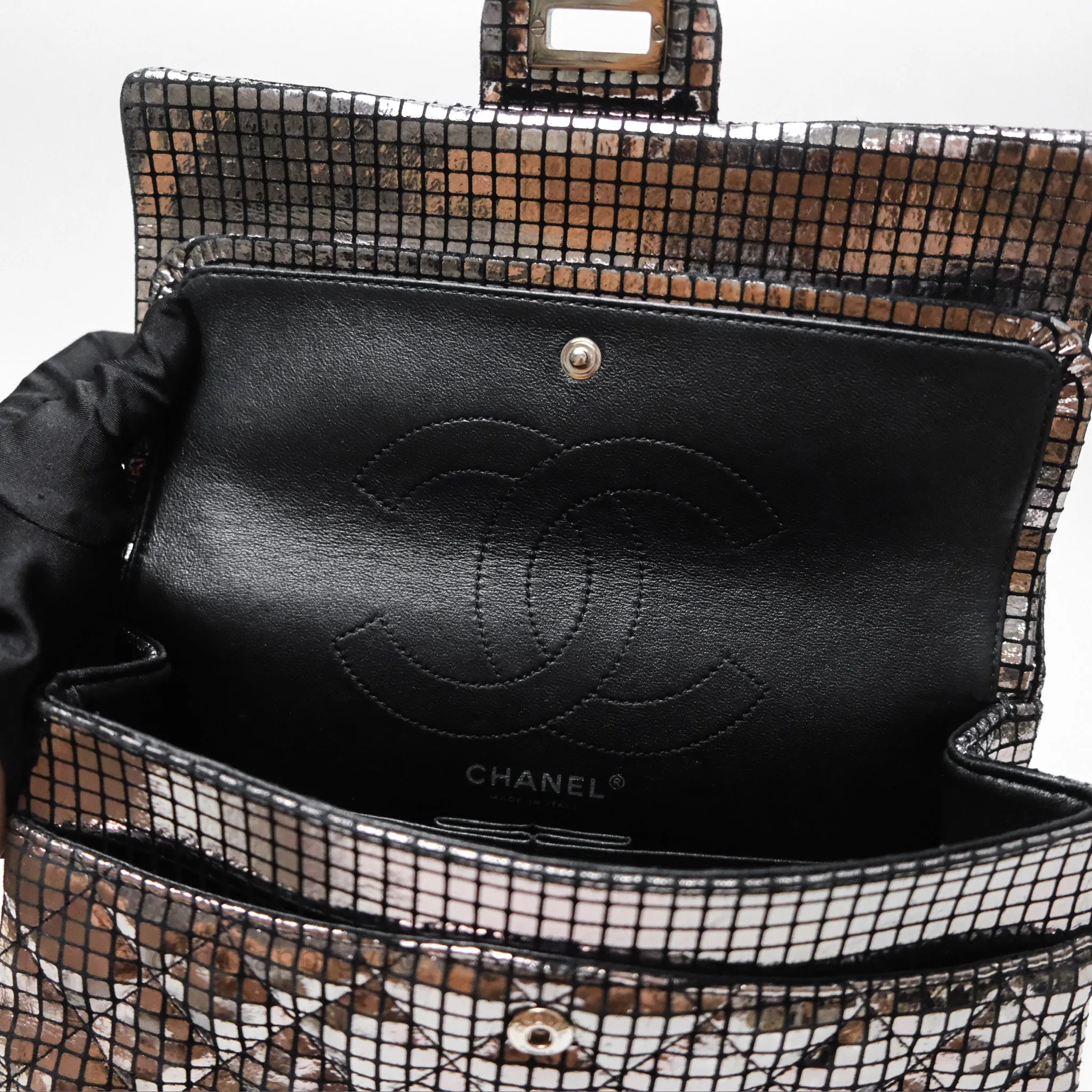 Chanel Mirror Reissue 2.55 Quilted Silver Suede Calfskin Gun Metal Hardware