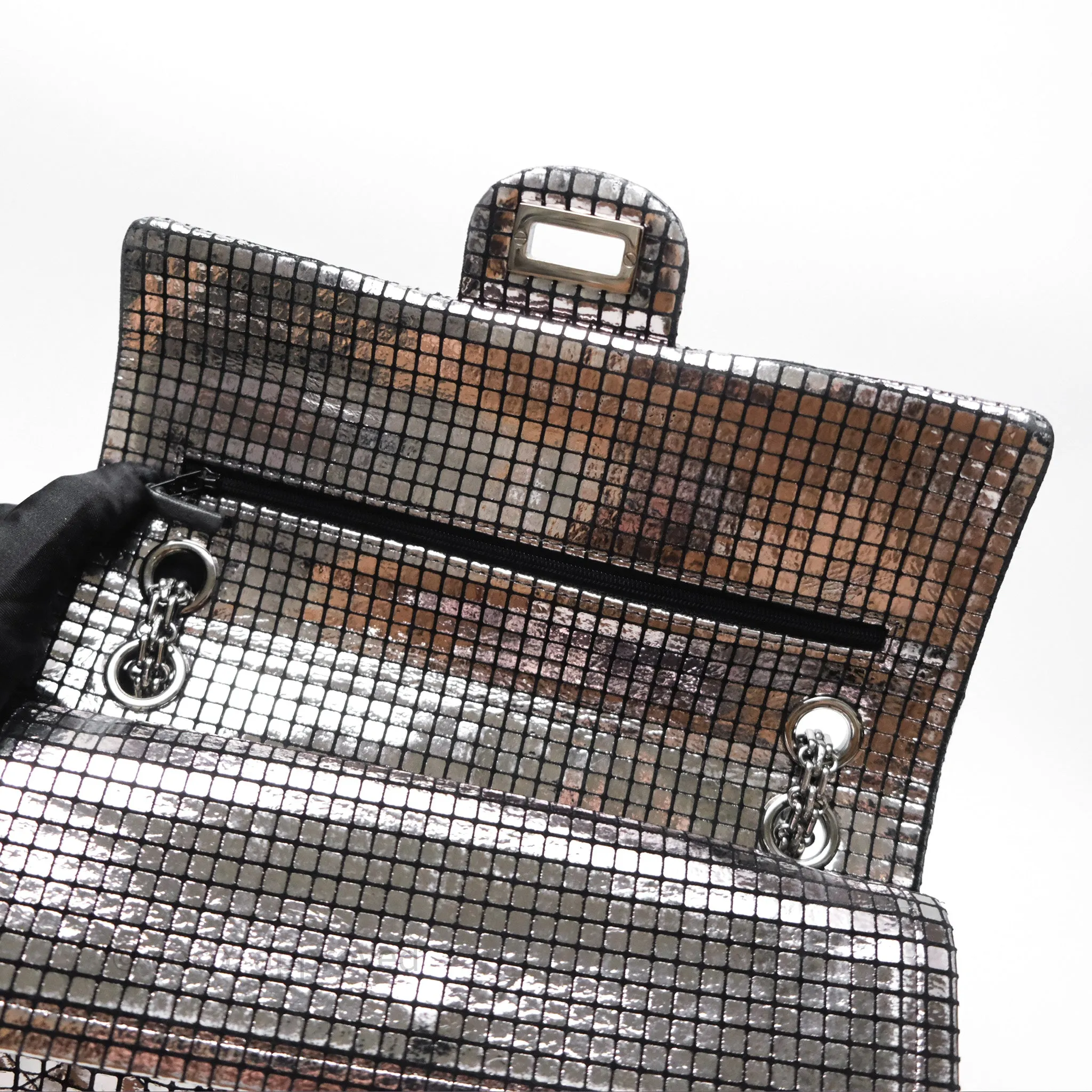 Chanel Mirror Reissue 2.55 Quilted Silver Suede Calfskin Gun Metal Hardware