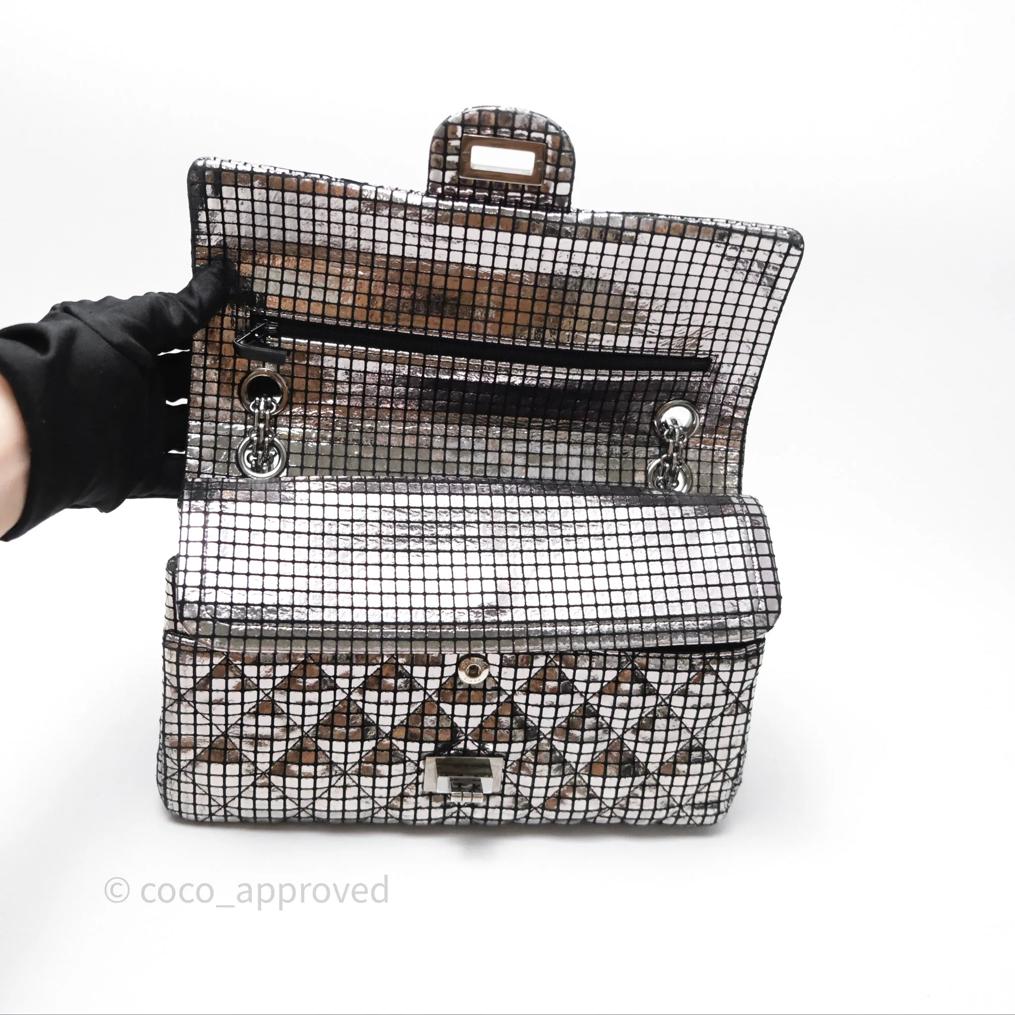 Chanel Mirror Reissue 2.55 Quilted Silver Suede Calfskin Gun Metal Hardware