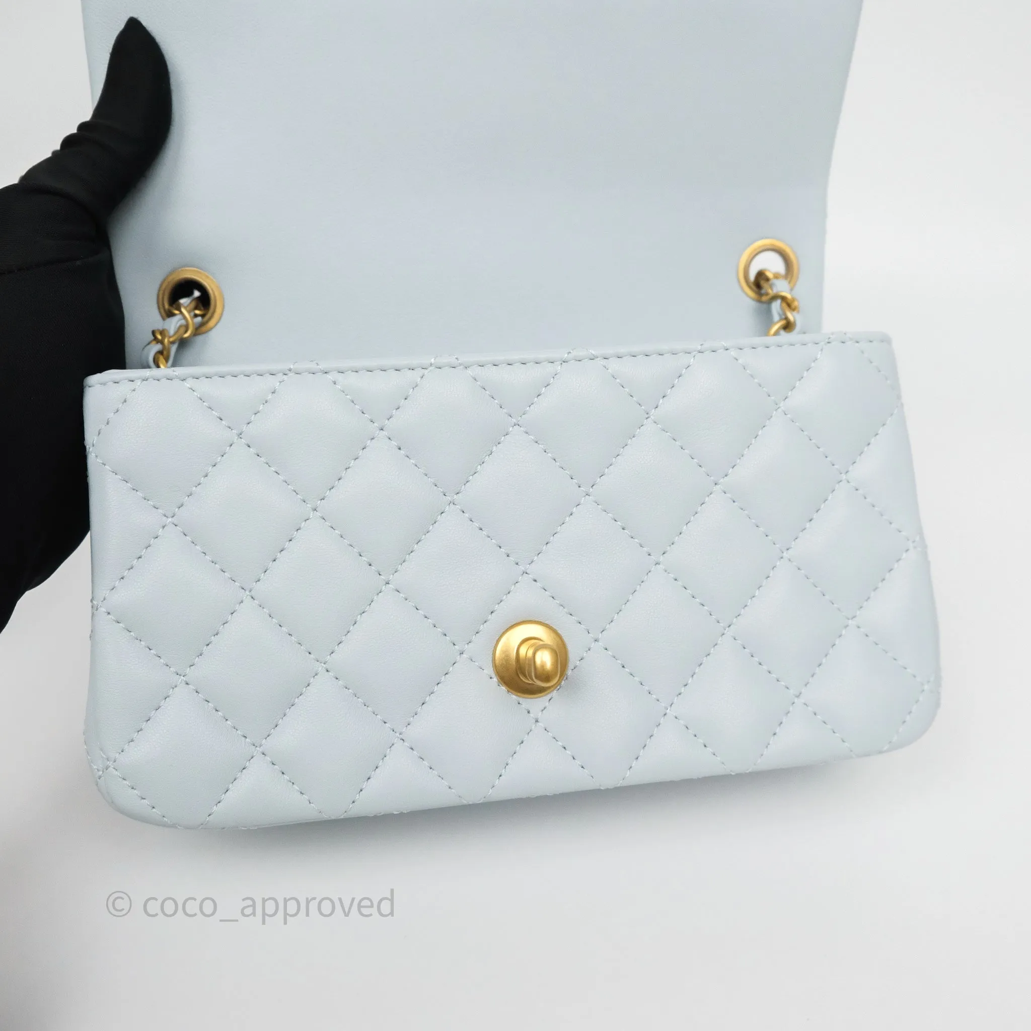 Chanel Pearl Crush Mini Rectangular Light Blue Lambskin Aged Gold Hardware
