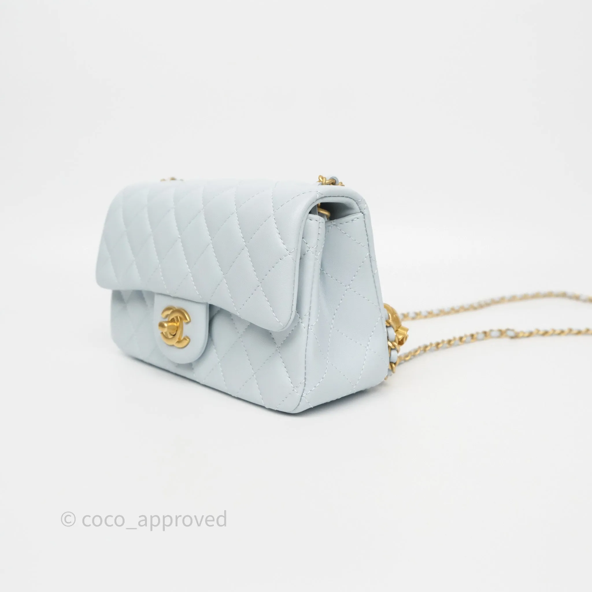 Chanel Pearl Crush Mini Rectangular Light Blue Lambskin Aged Gold Hardware