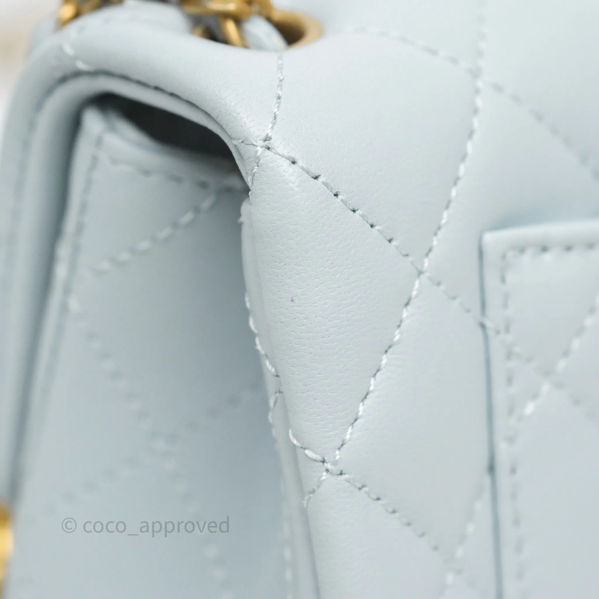 Chanel Pearl Crush Mini Rectangular Light Blue Lambskin Aged Gold Hardware