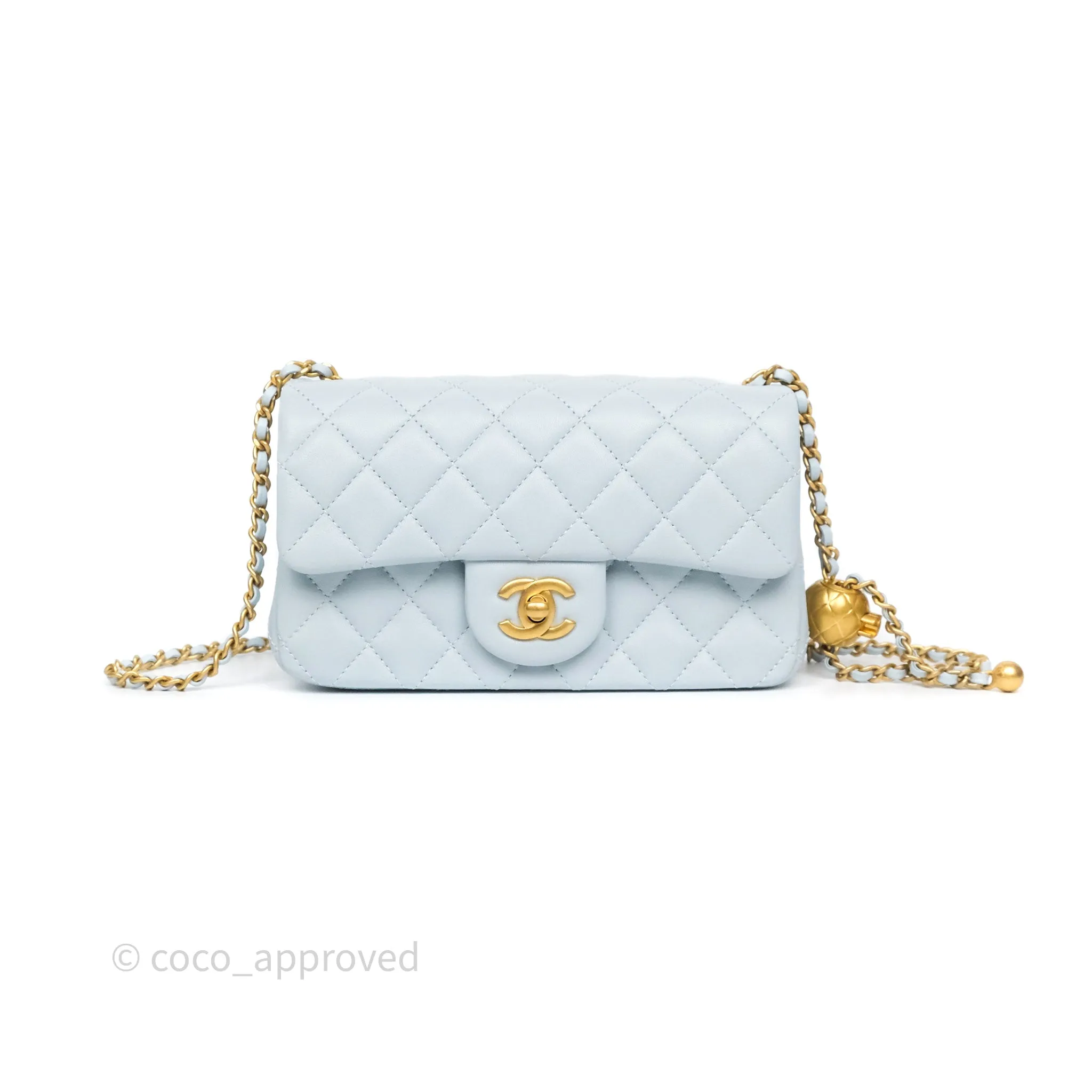 Chanel Pearl Crush Mini Rectangular Light Blue Lambskin Aged Gold Hardware