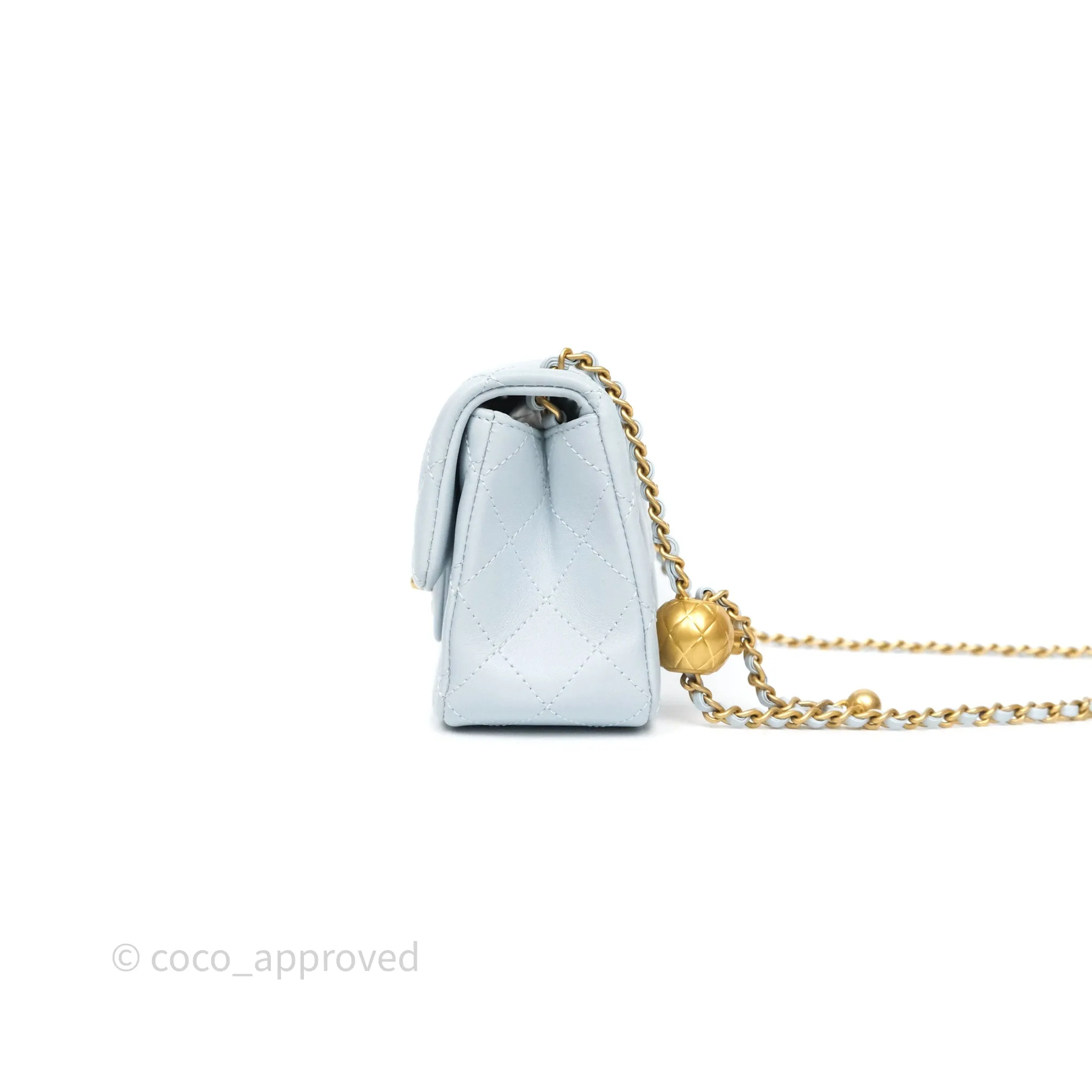 Chanel Pearl Crush Mini Rectangular Light Blue Lambskin Aged Gold Hardware