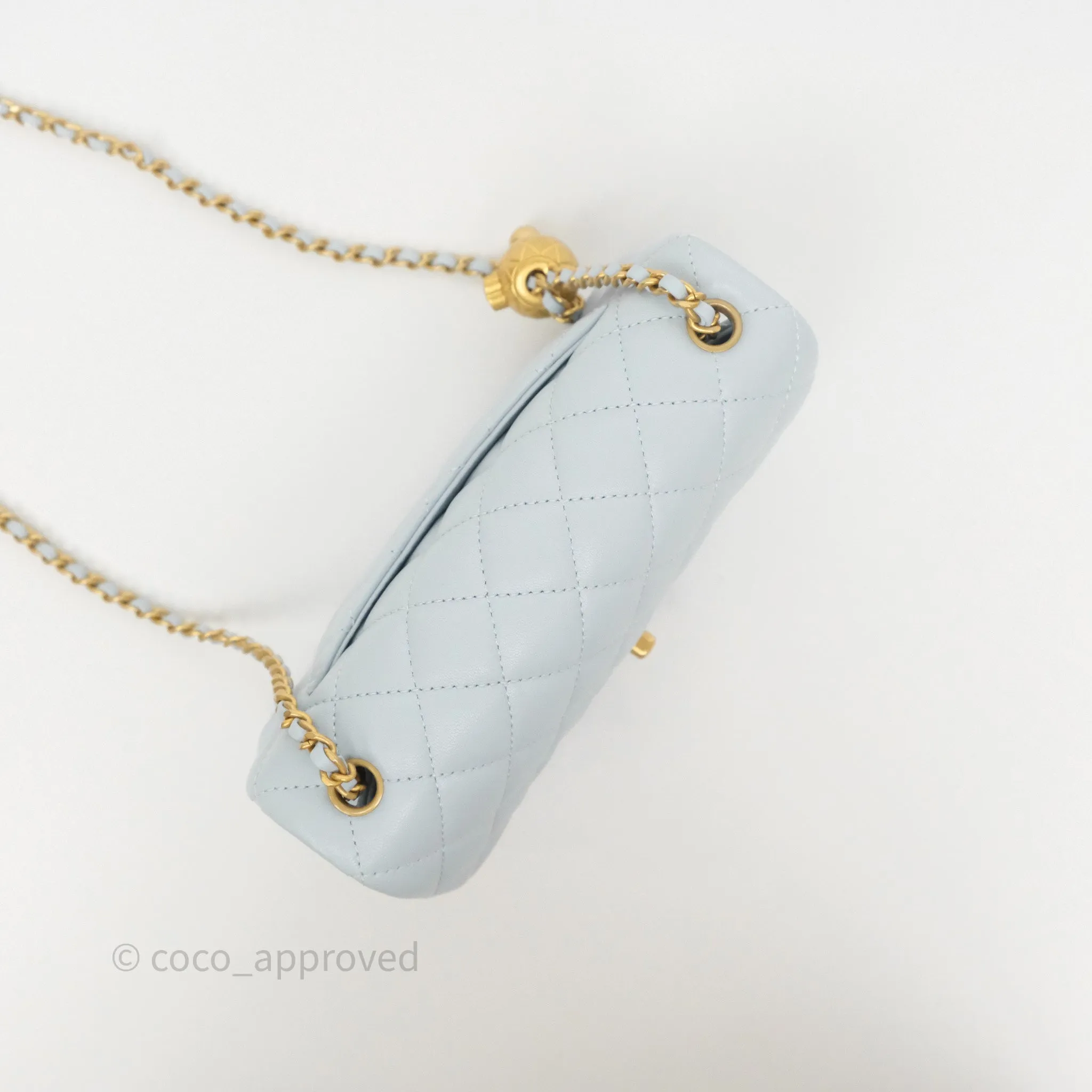 Chanel Pearl Crush Mini Rectangular Light Blue Lambskin Aged Gold Hardware
