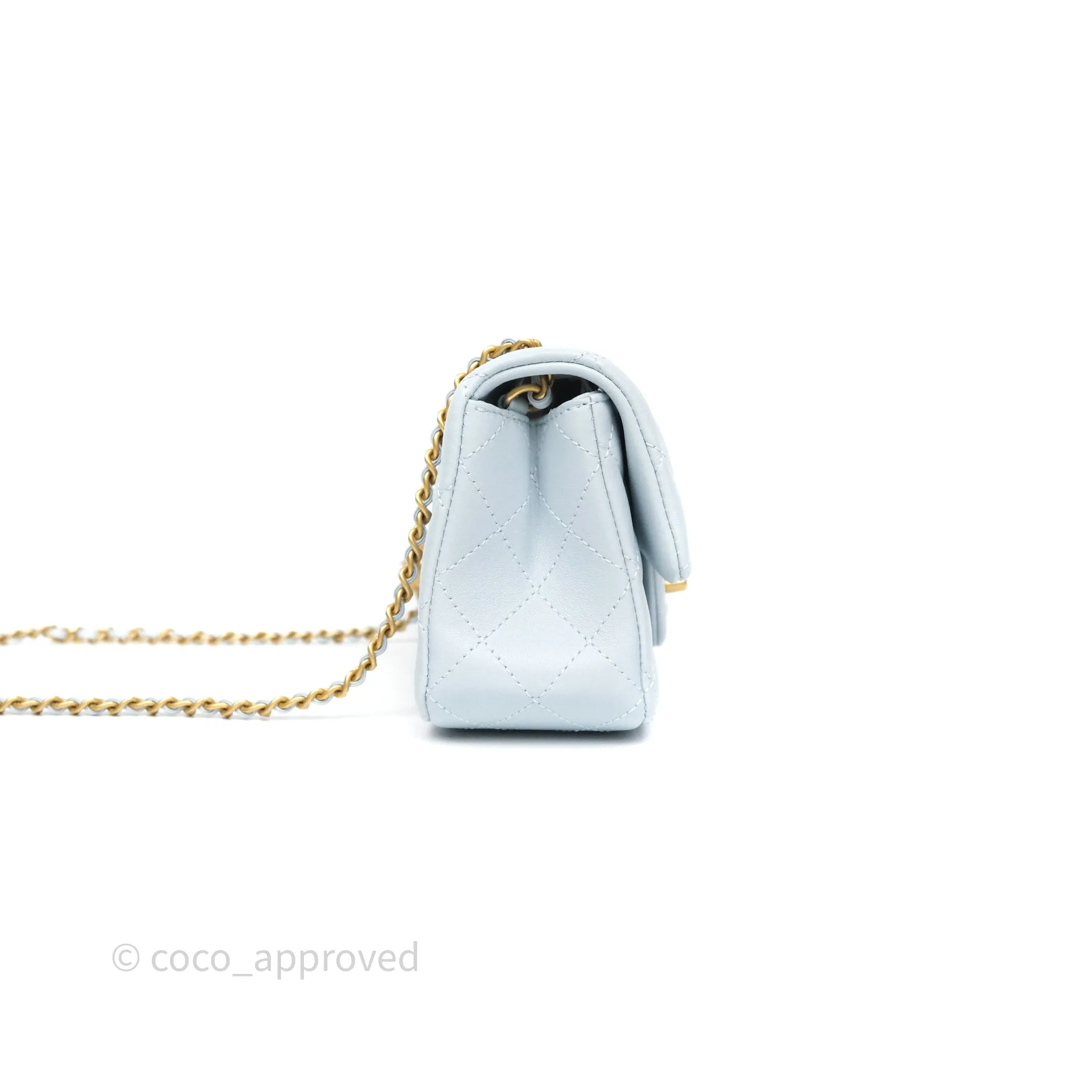 Chanel Pearl Crush Mini Rectangular Light Blue Lambskin Aged Gold Hardware