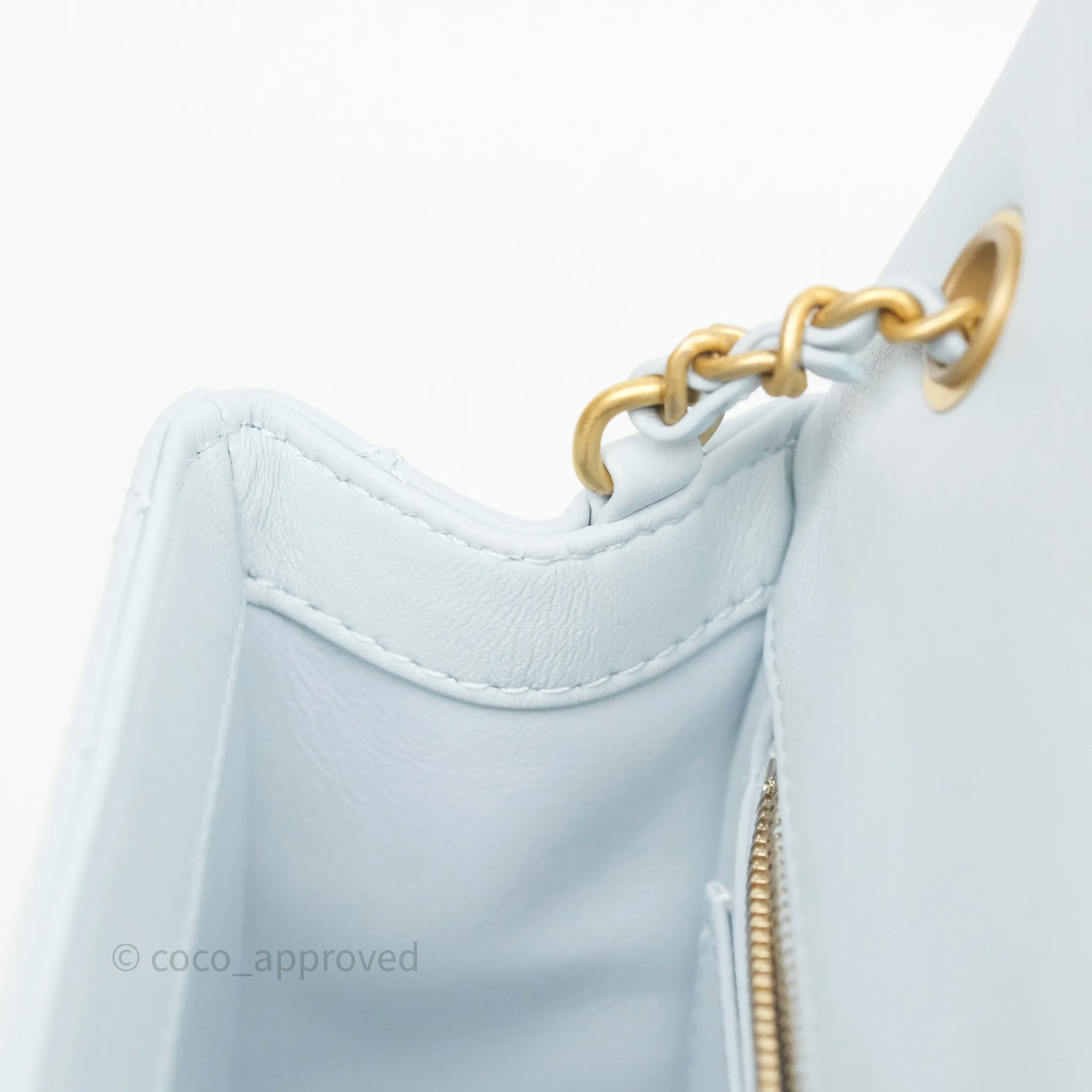 Chanel Pearl Crush Mini Rectangular Light Blue Lambskin Aged Gold Hardware