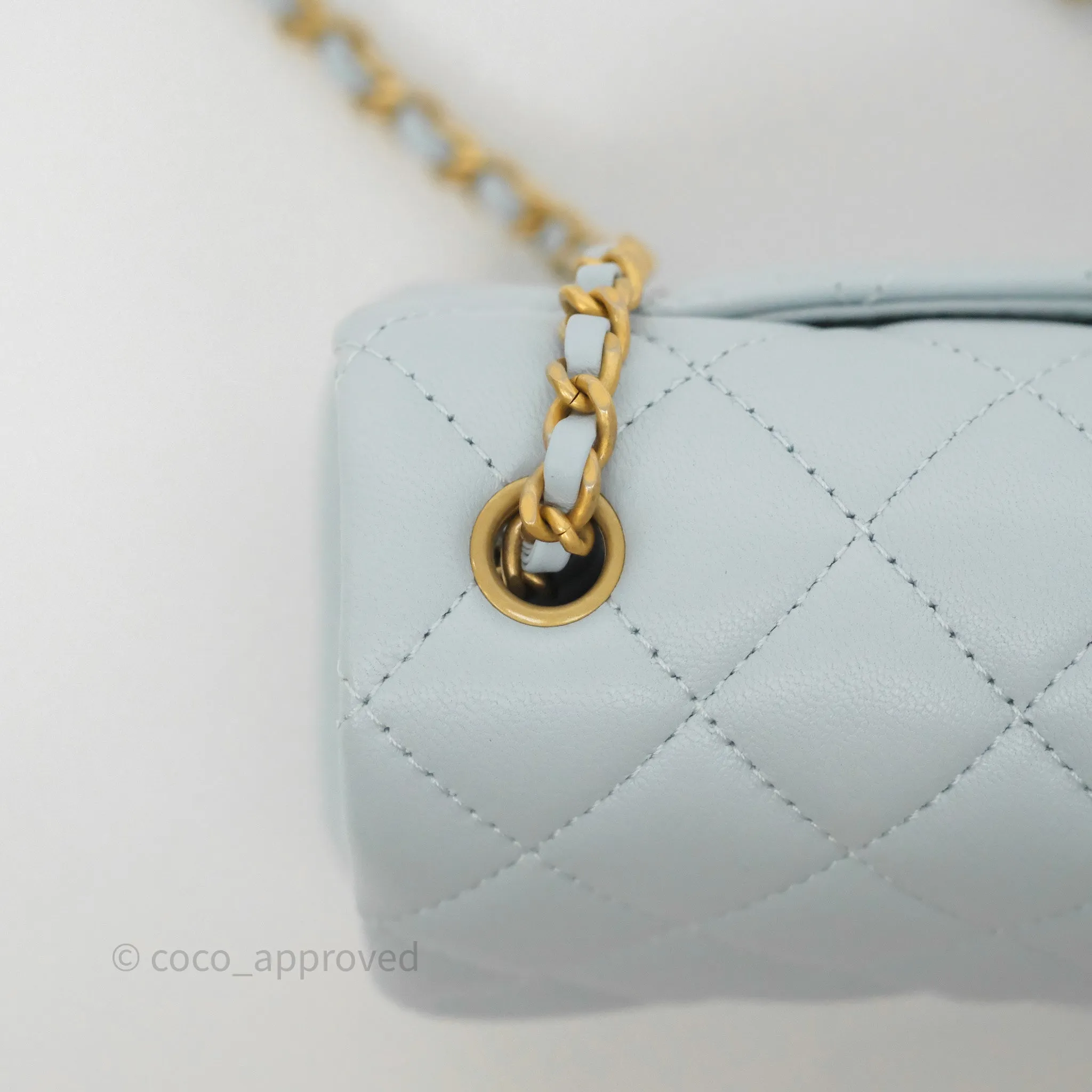Chanel Pearl Crush Mini Rectangular Light Blue Lambskin Aged Gold Hardware