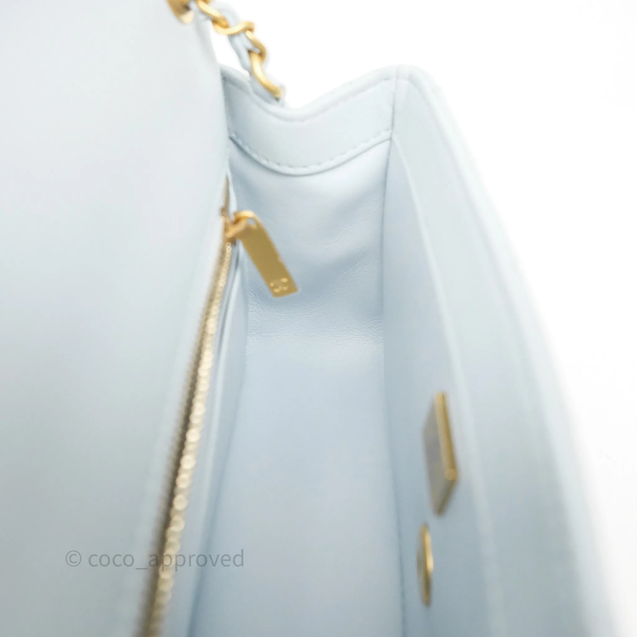 Chanel Pearl Crush Mini Rectangular Light Blue Lambskin Aged Gold Hardware