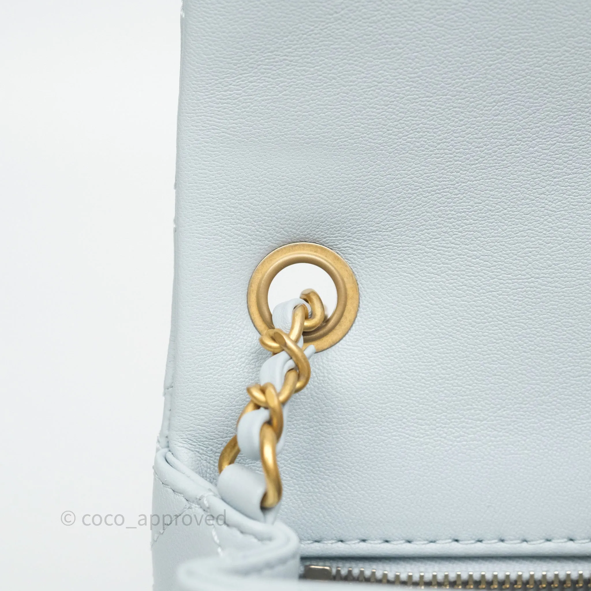Chanel Pearl Crush Mini Rectangular Light Blue Lambskin Aged Gold Hardware
