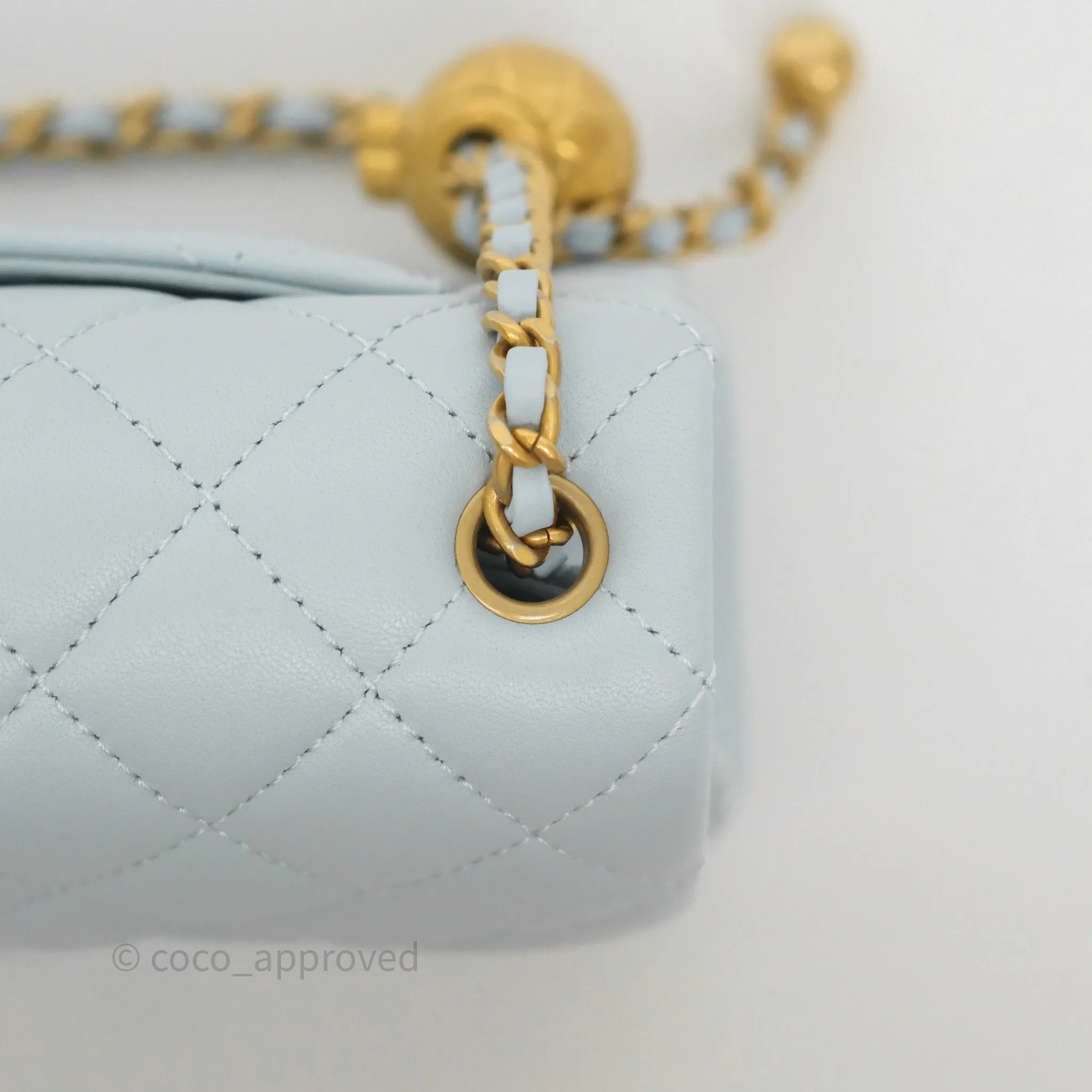 Chanel Pearl Crush Mini Rectangular Light Blue Lambskin Aged Gold Hardware