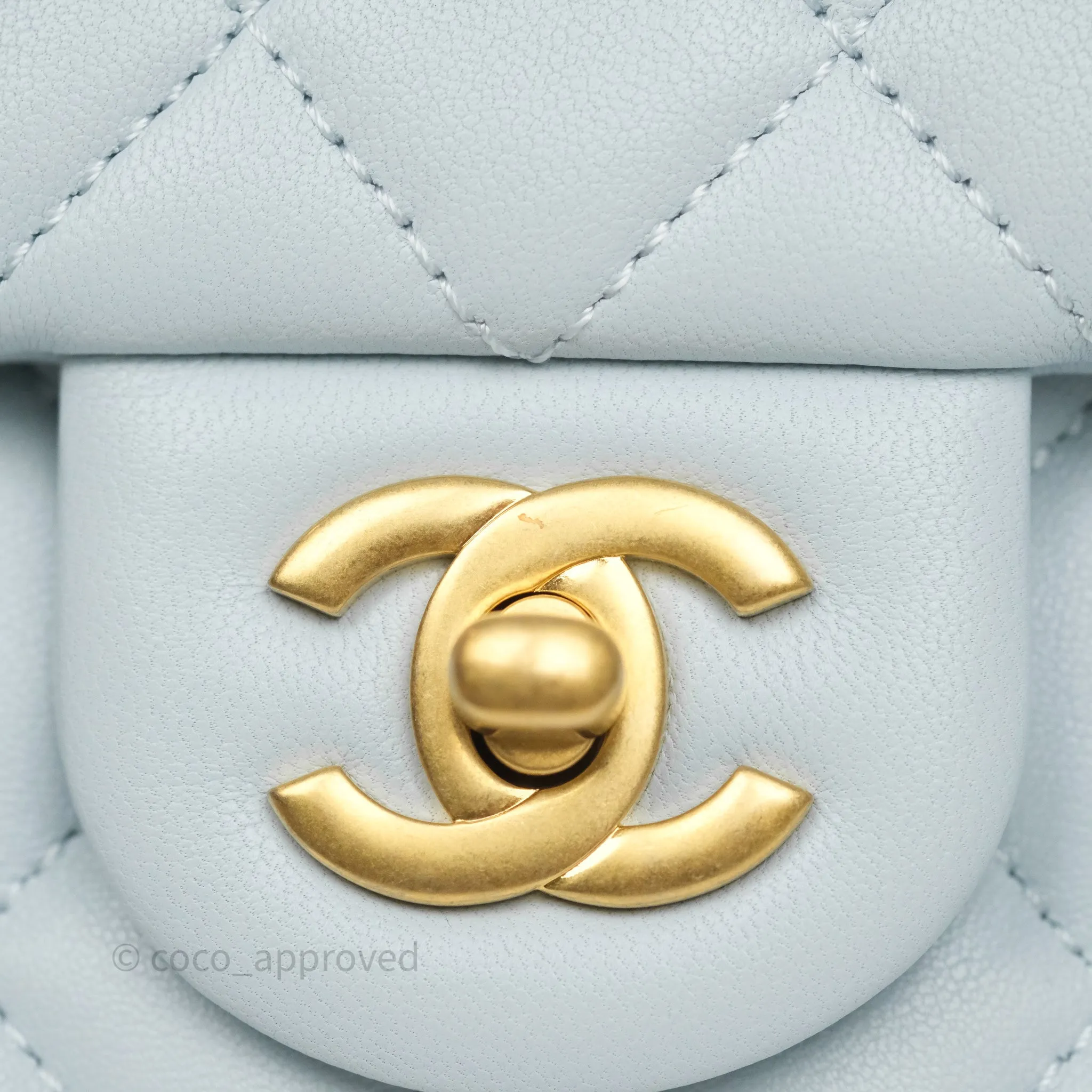 Chanel Pearl Crush Mini Rectangular Light Blue Lambskin Aged Gold Hardware