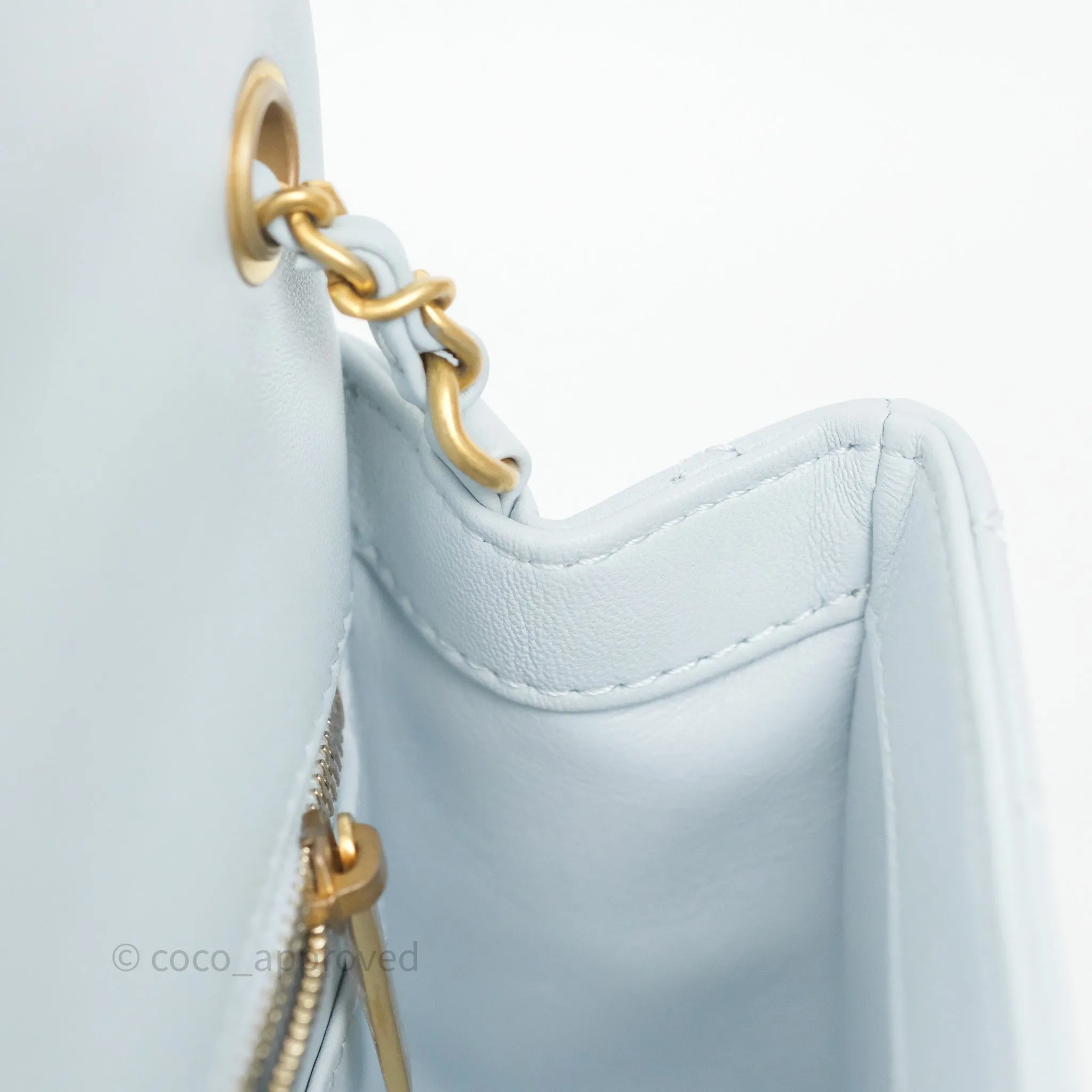 Chanel Pearl Crush Mini Rectangular Light Blue Lambskin Aged Gold Hardware