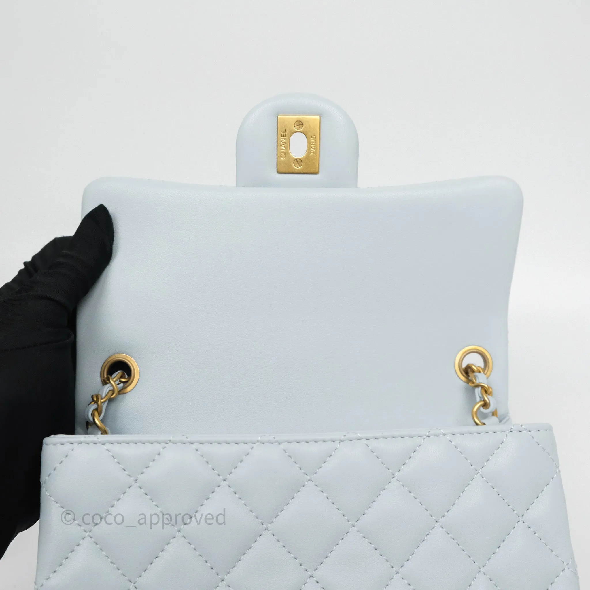 Chanel Pearl Crush Mini Rectangular Light Blue Lambskin Aged Gold Hardware