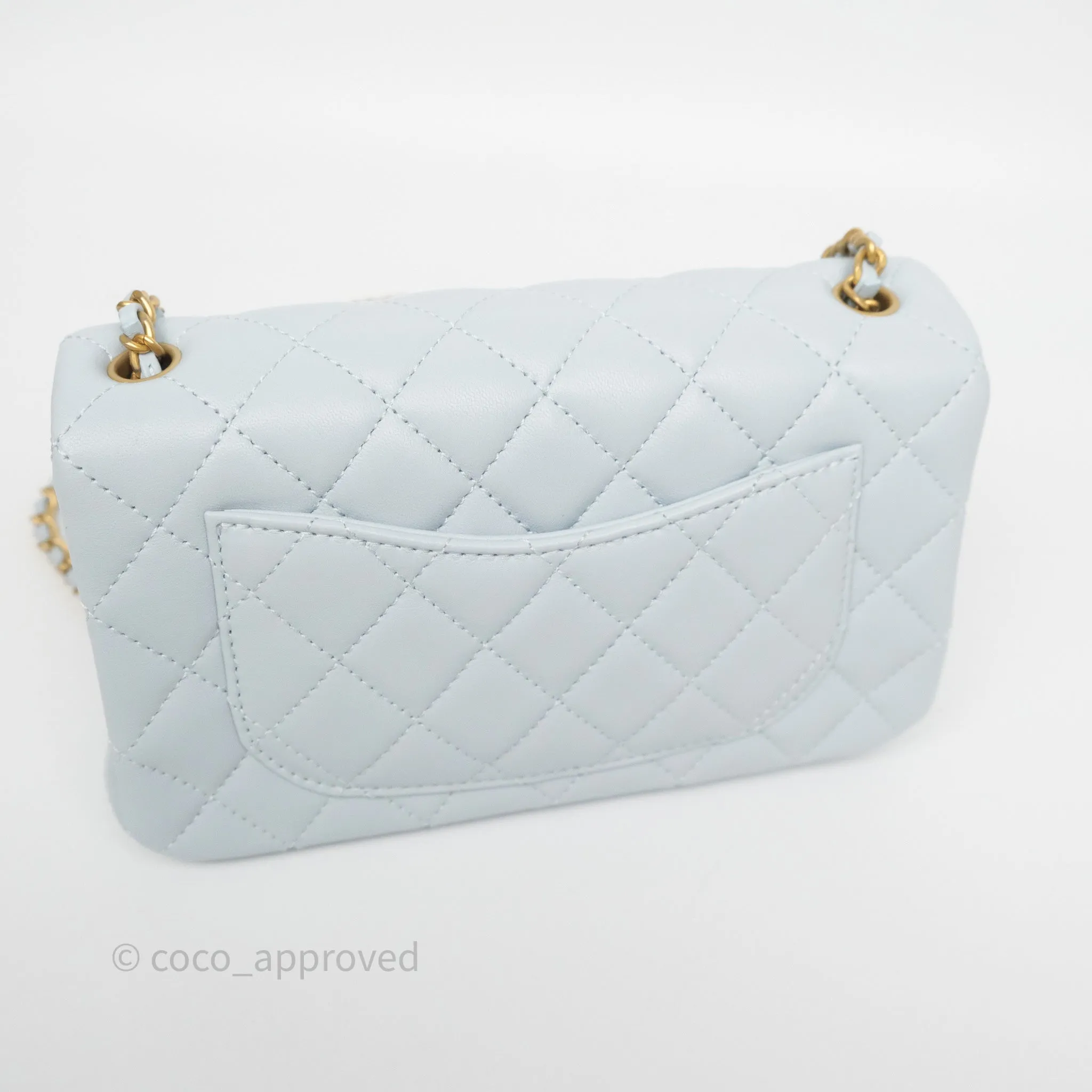 Chanel Pearl Crush Mini Rectangular Light Blue Lambskin Aged Gold Hardware