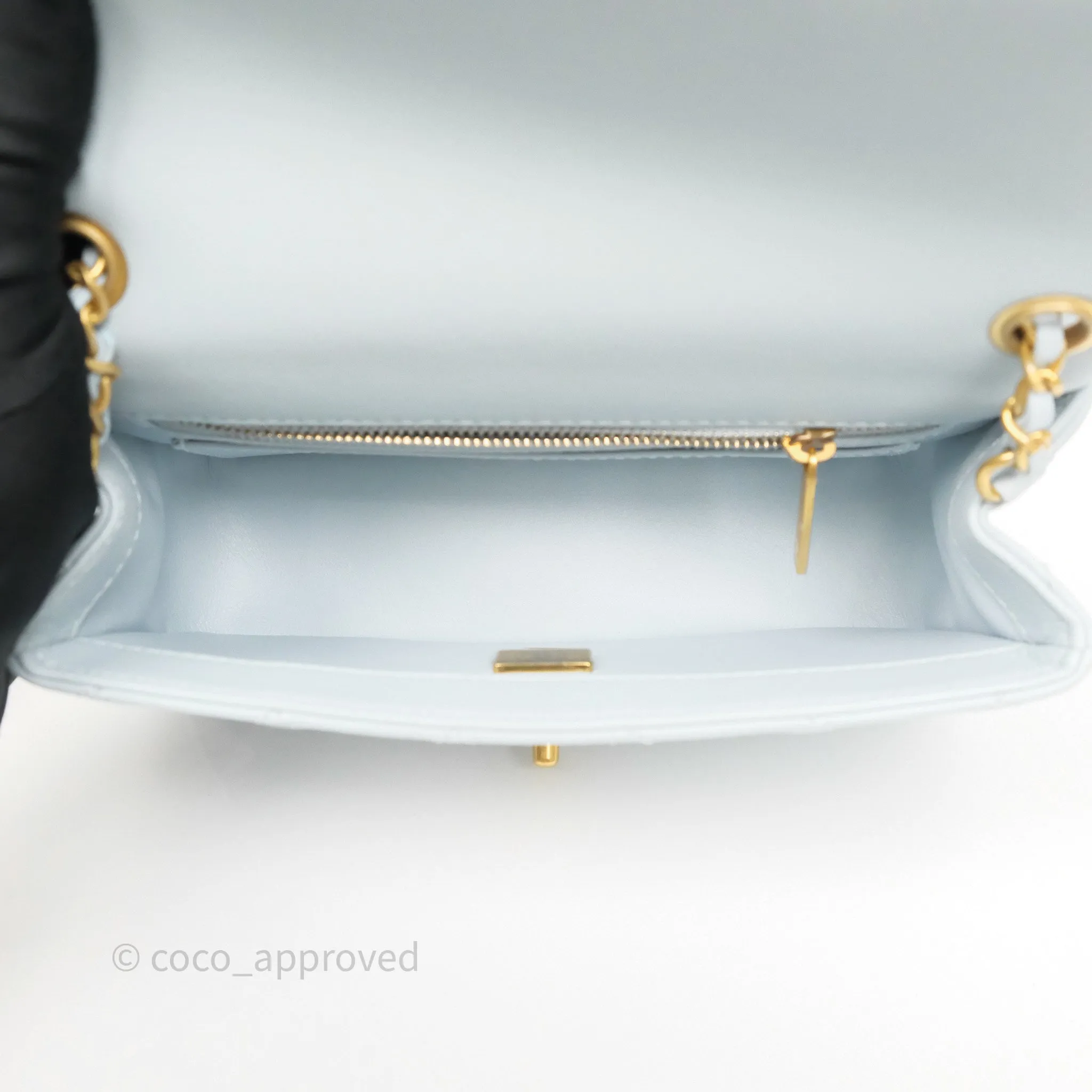 Chanel Pearl Crush Mini Rectangular Light Blue Lambskin Aged Gold Hardware