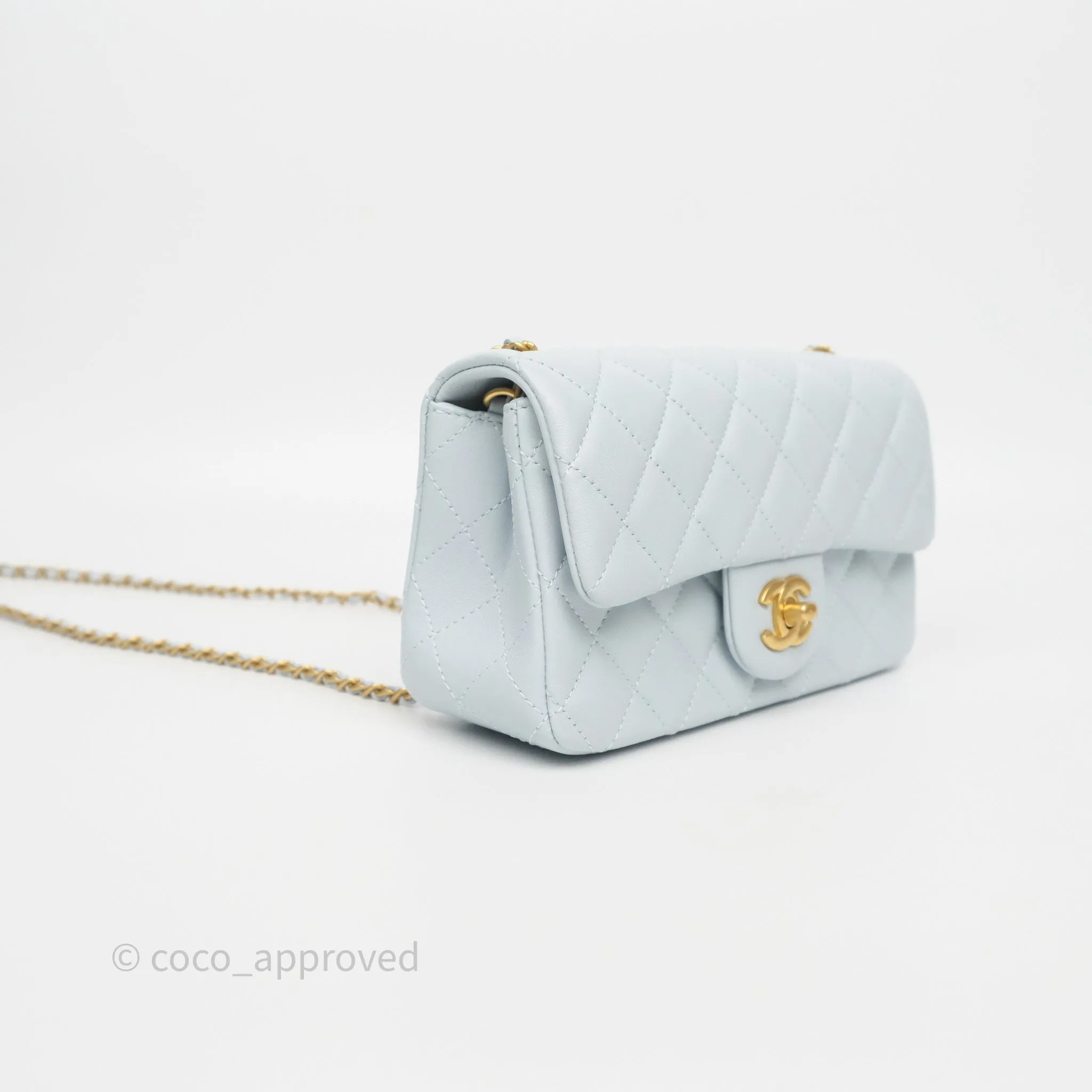 Chanel Pearl Crush Mini Rectangular Light Blue Lambskin Aged Gold Hardware