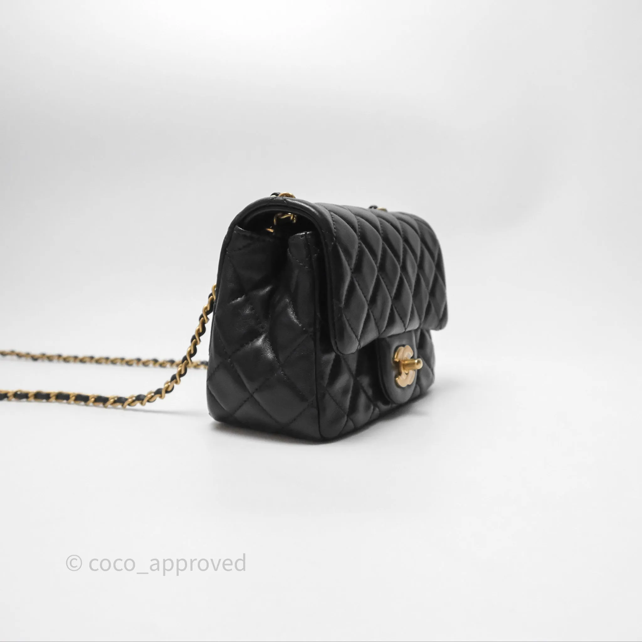 Chanel Pearl Crush Mini Square Quilted Black Lambskin Aged Gold Hardware