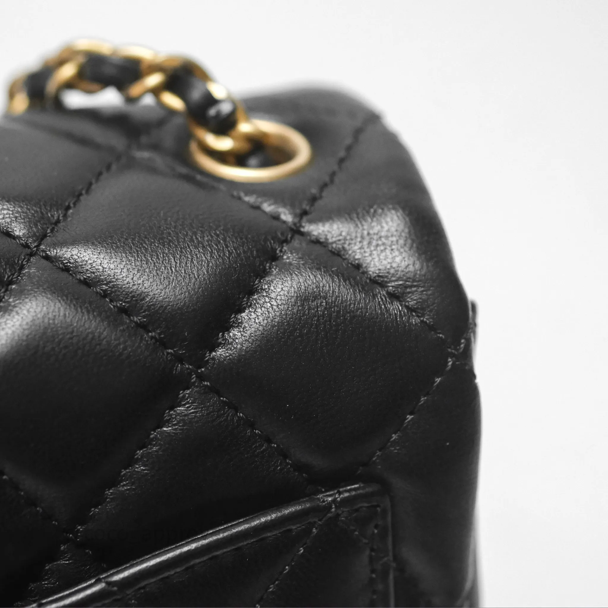 Chanel Pearl Crush Mini Square Quilted Black Lambskin Aged Gold Hardware
