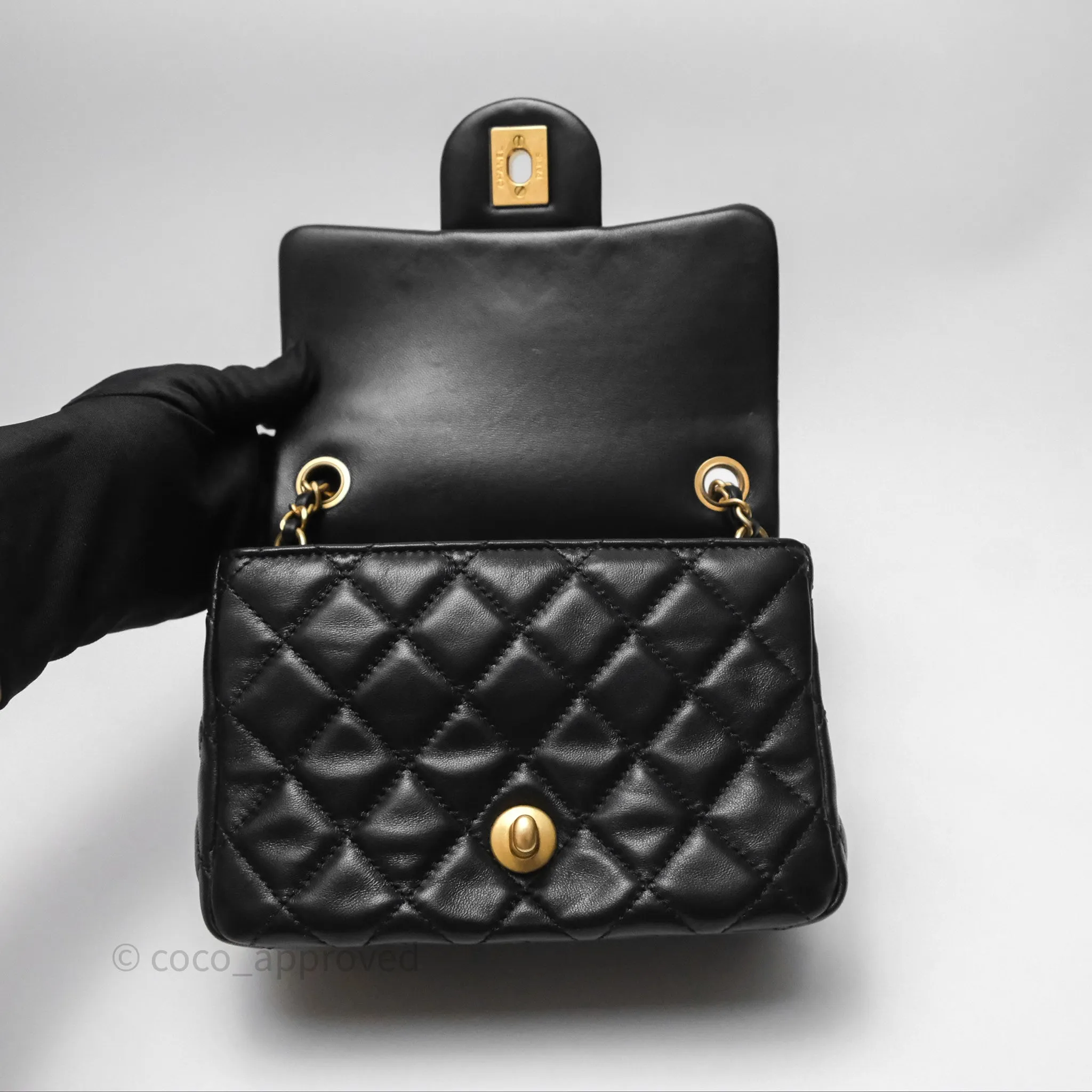 Chanel Pearl Crush Mini Square Quilted Black Lambskin Aged Gold Hardware