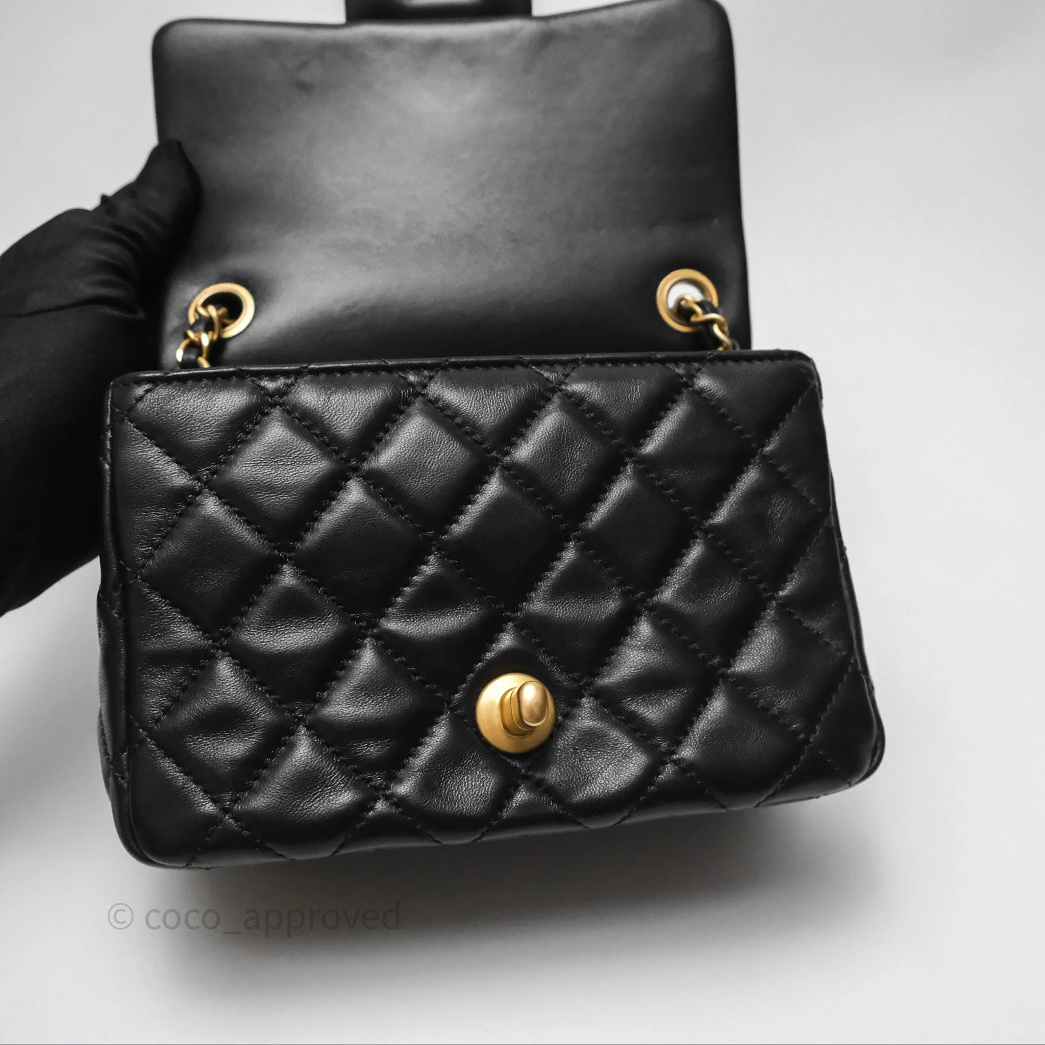 Chanel Pearl Crush Mini Square Quilted Black Lambskin Aged Gold Hardware