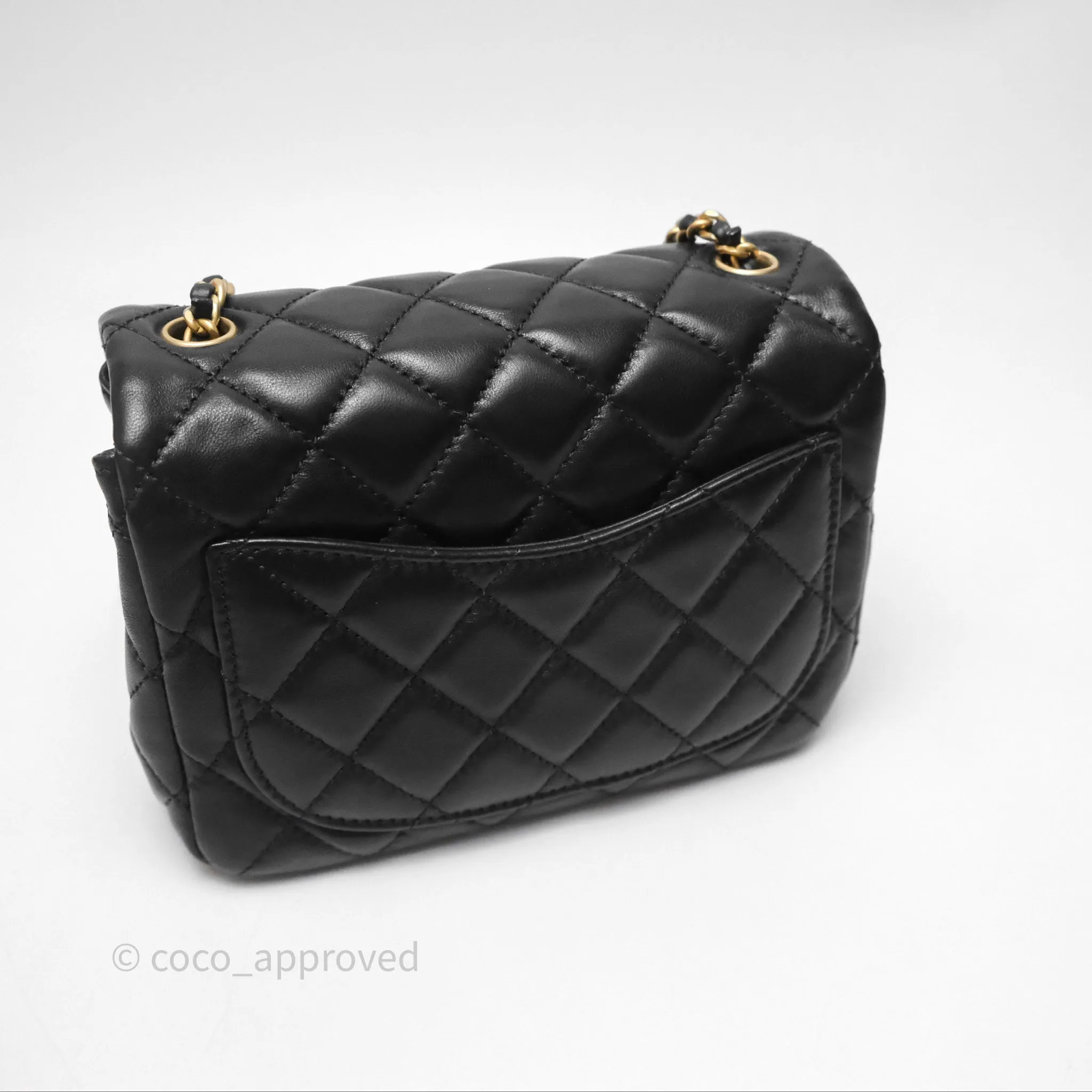 Chanel Pearl Crush Mini Square Quilted Black Lambskin Aged Gold Hardware