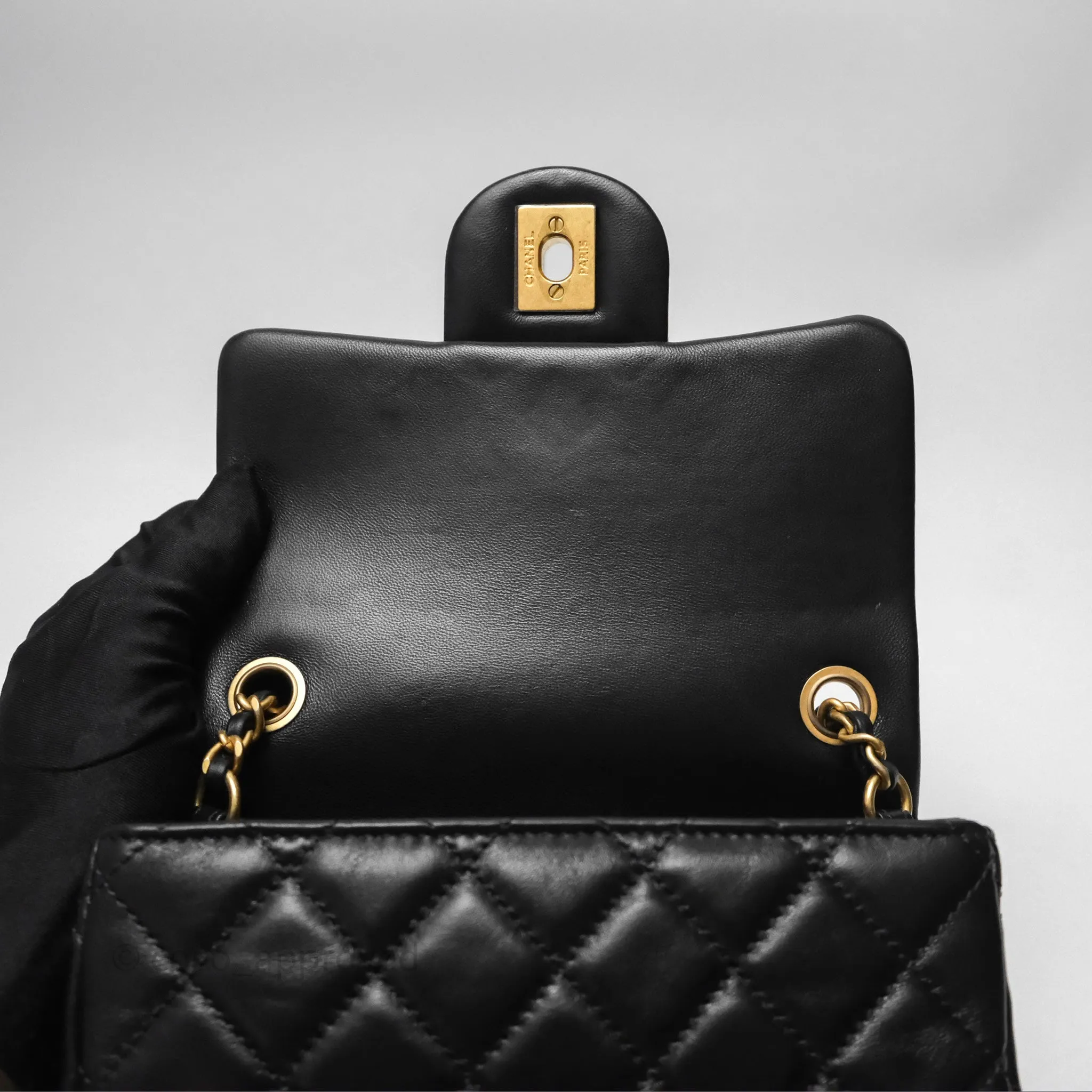 Chanel Pearl Crush Mini Square Quilted Black Lambskin Aged Gold Hardware