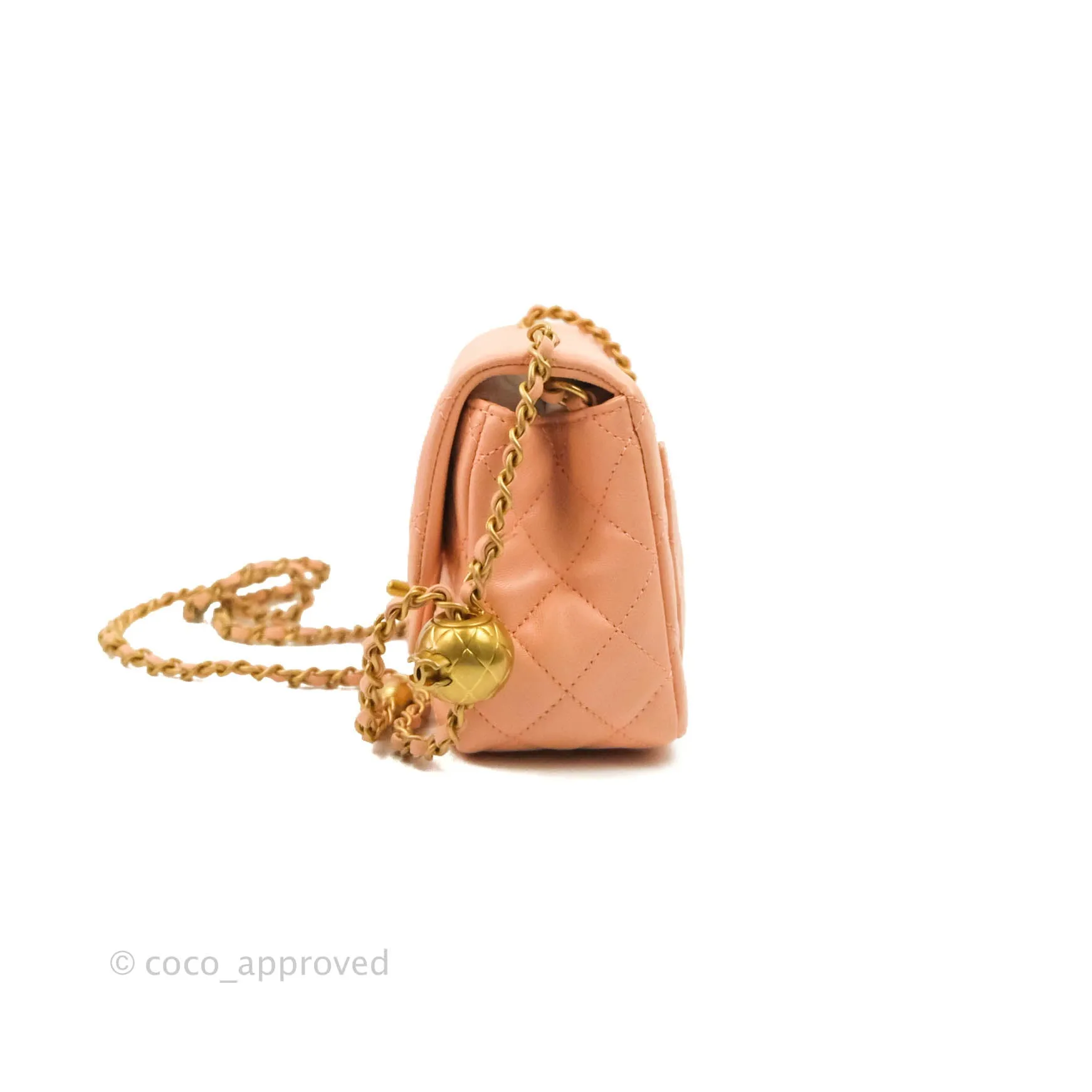Chanel Pearl Crush Mini Square Quilted Peach Beige Lambskin Aged Gold Hardware