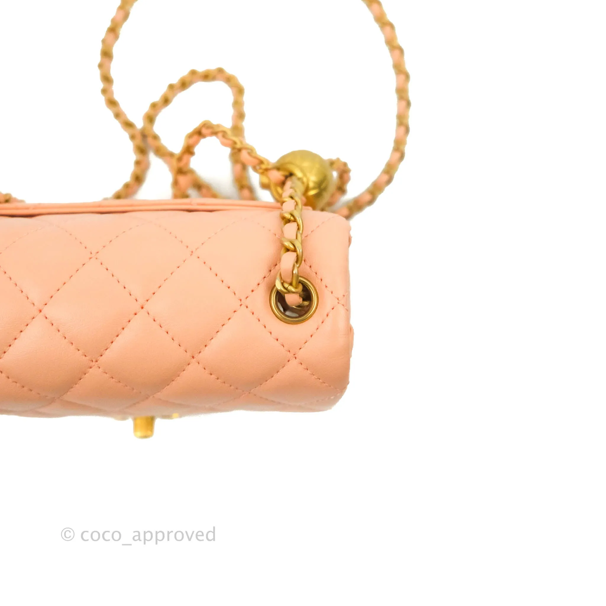 Chanel Pearl Crush Mini Square Quilted Peach Beige Lambskin Aged Gold Hardware