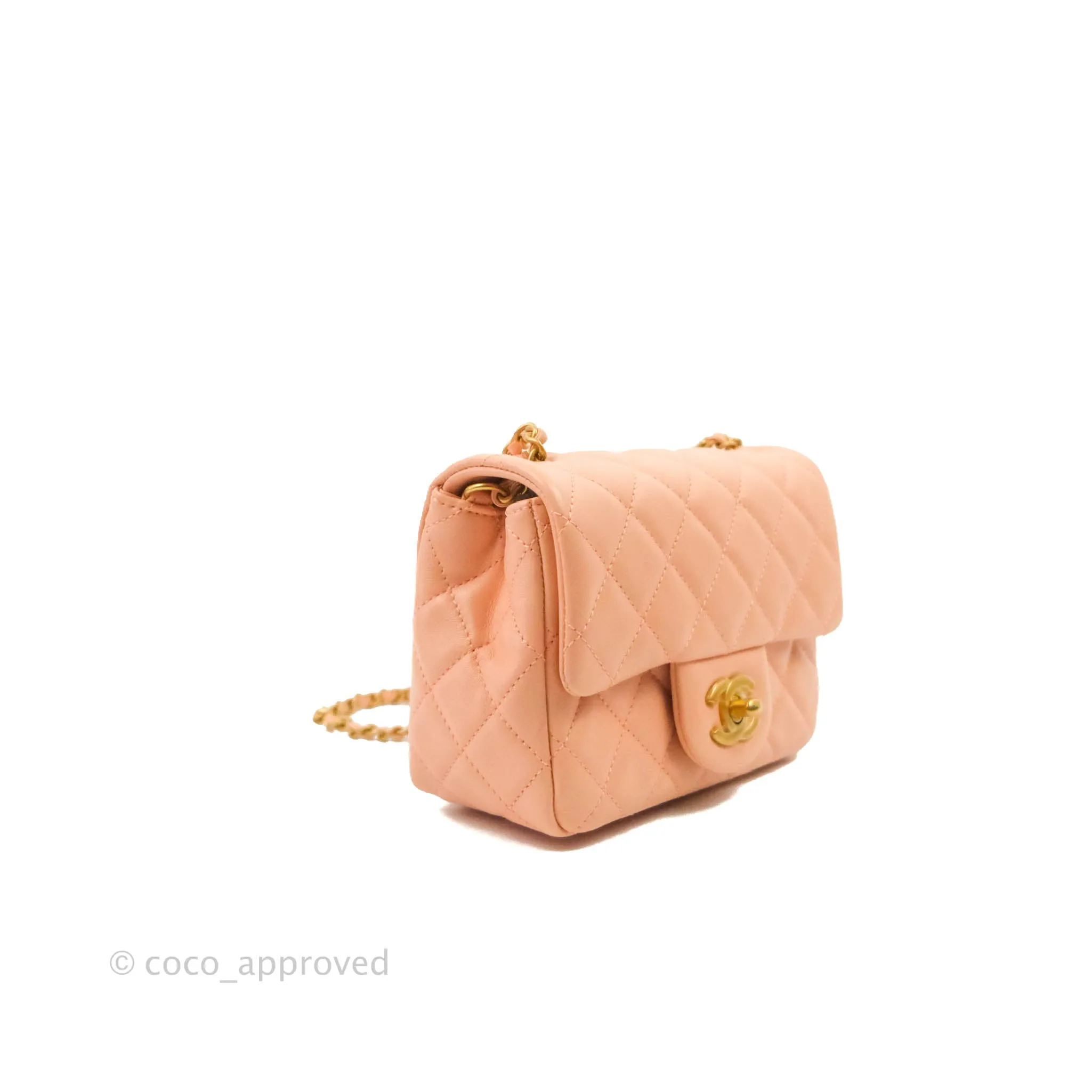 Chanel Pearl Crush Mini Square Quilted Peach Beige Lambskin Aged Gold Hardware