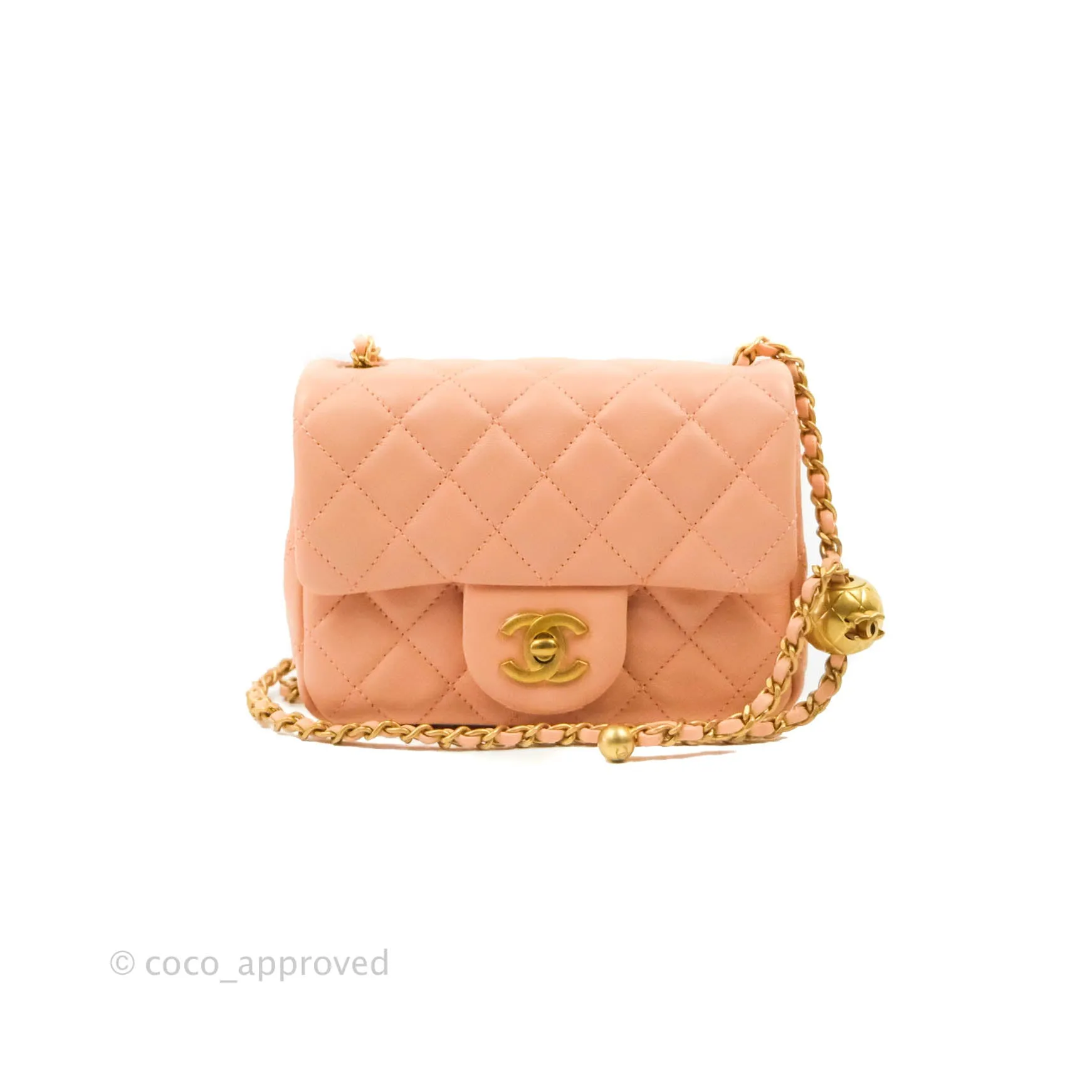 Chanel Pearl Crush Mini Square Quilted Peach Beige Lambskin Aged Gold Hardware