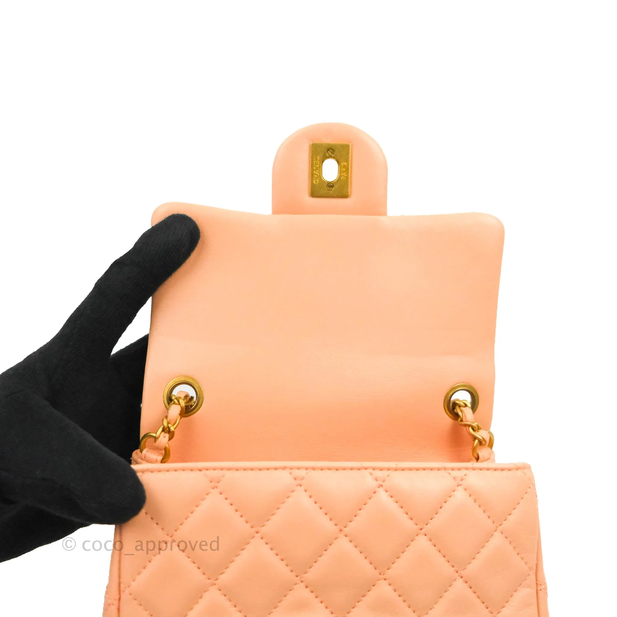 Chanel Pearl Crush Mini Square Quilted Peach Beige Lambskin Aged Gold Hardware