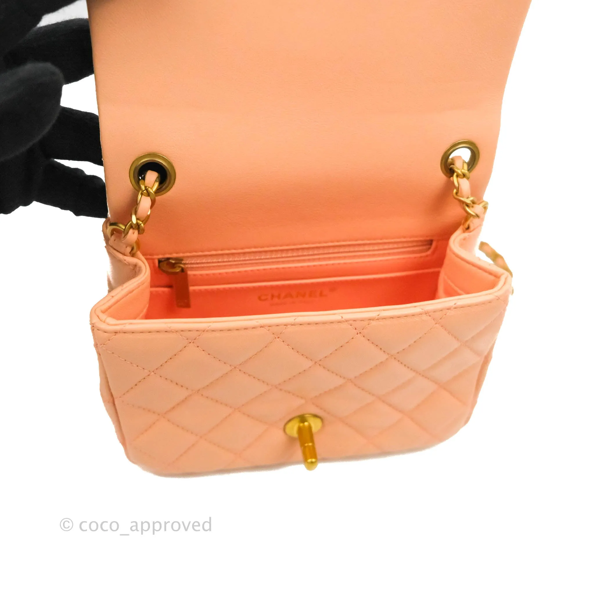 Chanel Pearl Crush Mini Square Quilted Peach Beige Lambskin Aged Gold Hardware