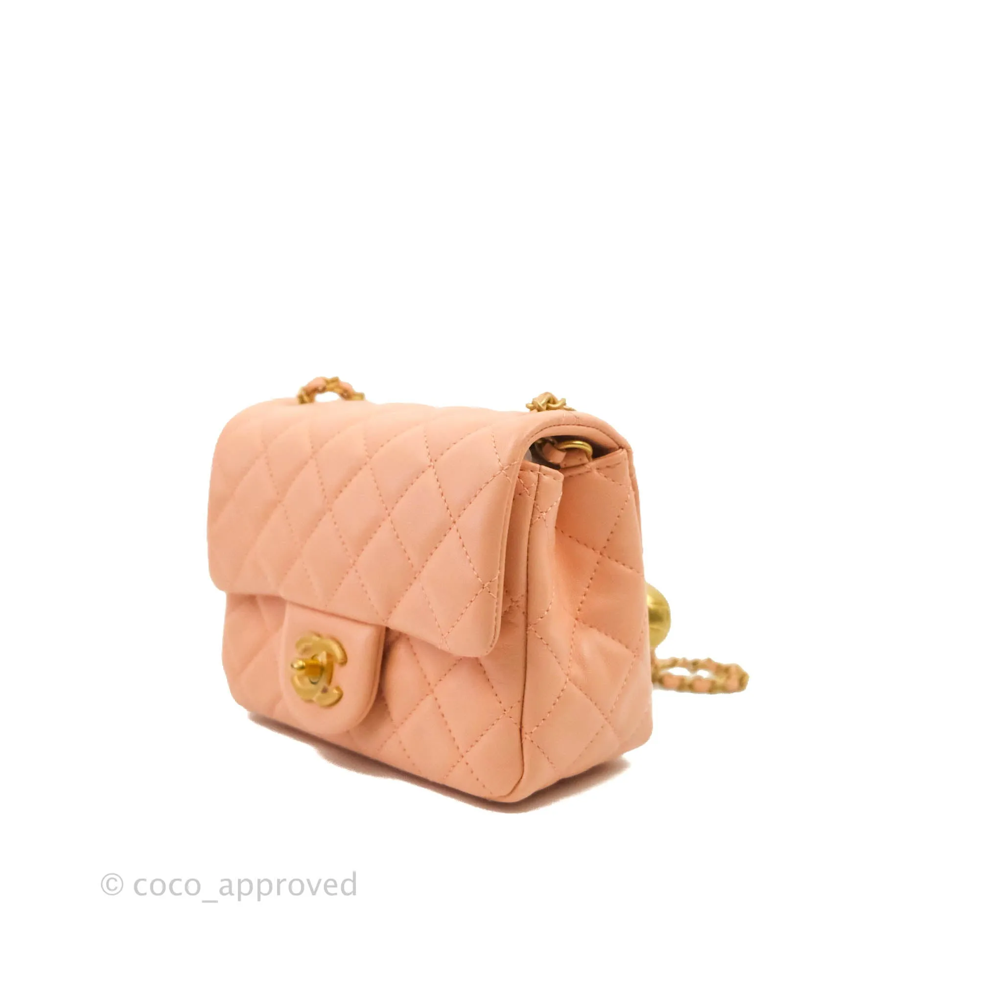 Chanel Pearl Crush Mini Square Quilted Peach Beige Lambskin Aged Gold Hardware