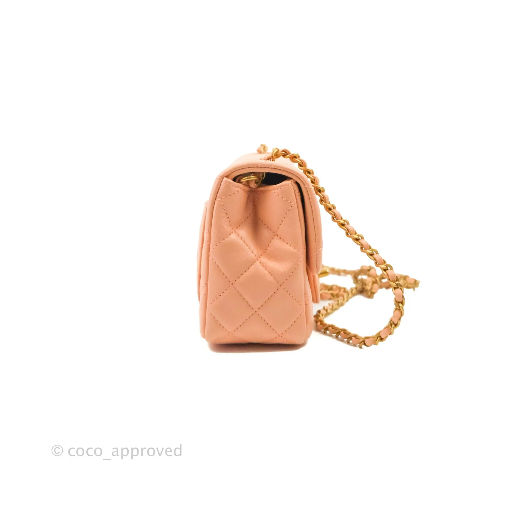 Chanel Pearl Crush Mini Square Quilted Peach Beige Lambskin Aged Gold Hardware